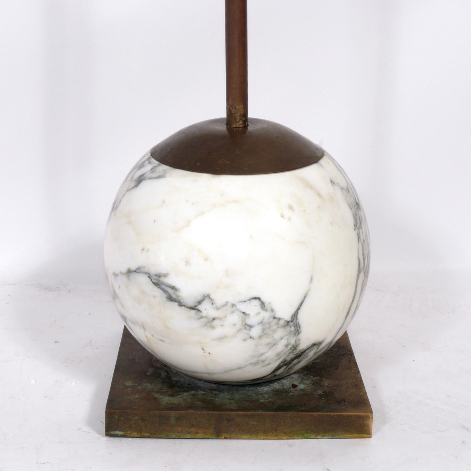 Sculptural Italian marble ball floor lamp, Italy, circa 1980s. Very heavy and well made. Rewired and ready to use. The price noted includes the lamp shade.