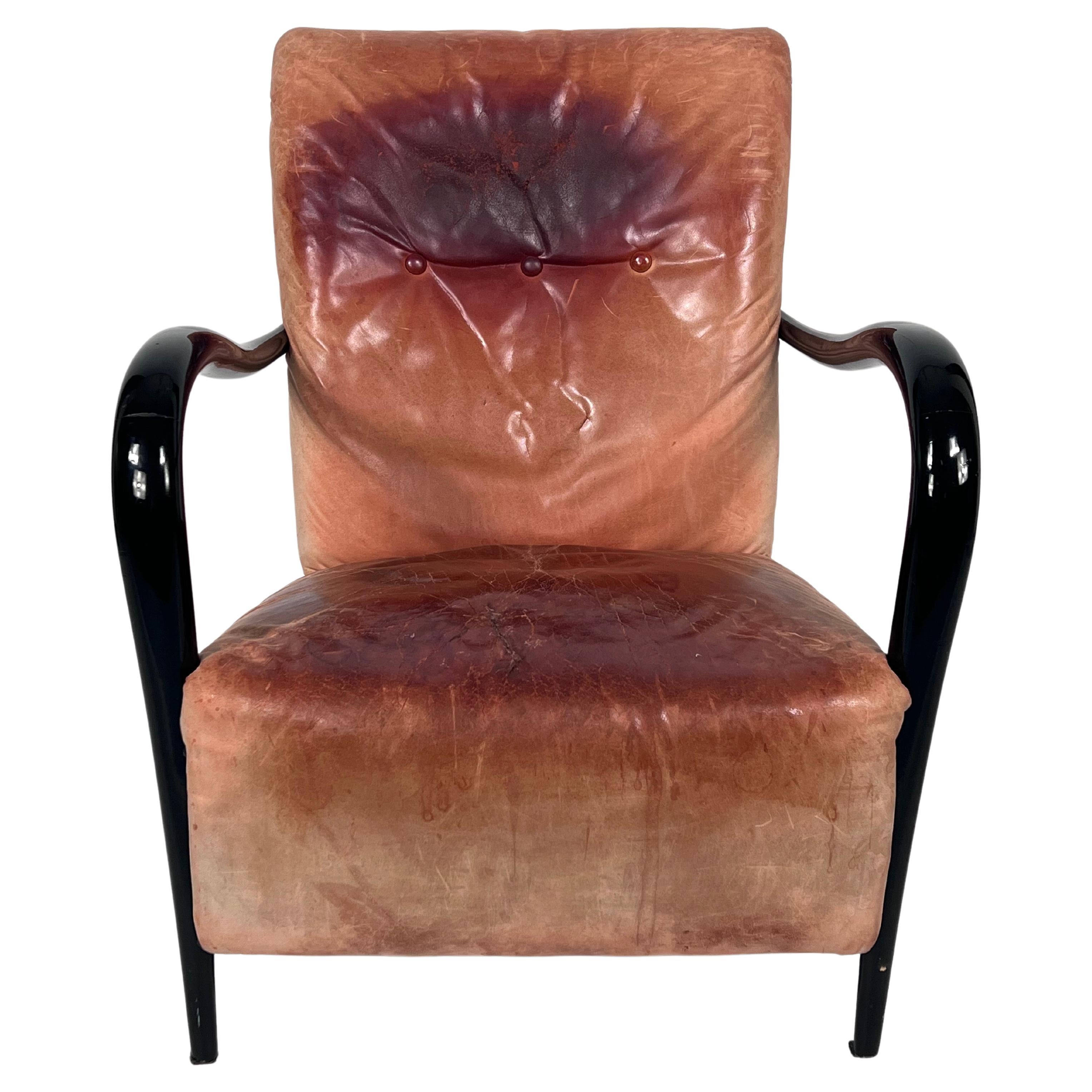 Sculptural Italian Mid-Century Leather and Curved Wood Armchair from 50s For Sale