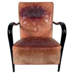 Sculptural Italian Mid-Century Leather and Curved Wood Armchair from 50s