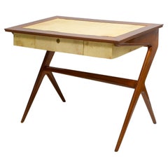 Sculptural Italian Mid-Century Mahogany and Parchment Desk with Central Drawer