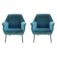 Sculptural Italian Modern 1950s Teal Blue Velvet Lounge Chairs Zanuso Style