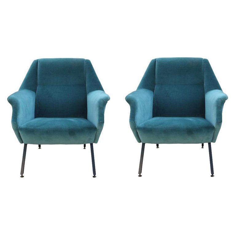Sculptural Italian Modern 1950s Teal Blue Velvet Lounge Chairs Zanuso