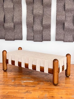 Sculptural Italian Oak and Boucle Bench with Brass Caps