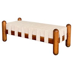 Sculptural Italian Oak and Boucle Bench with Brass Caps