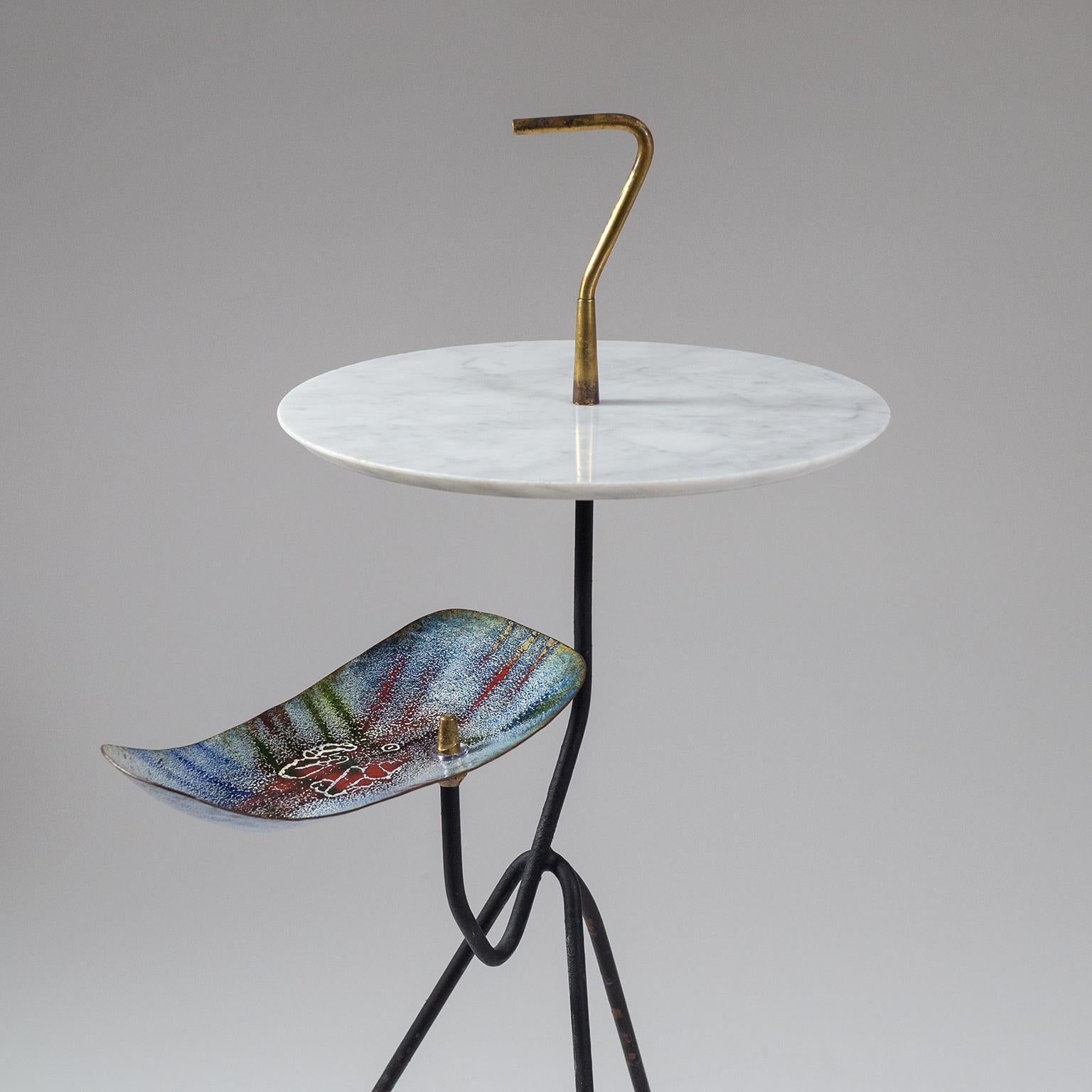 Carrara Marble Sculptural Italian Side Table, 1950s, Marble, Brass and Enameled Copper