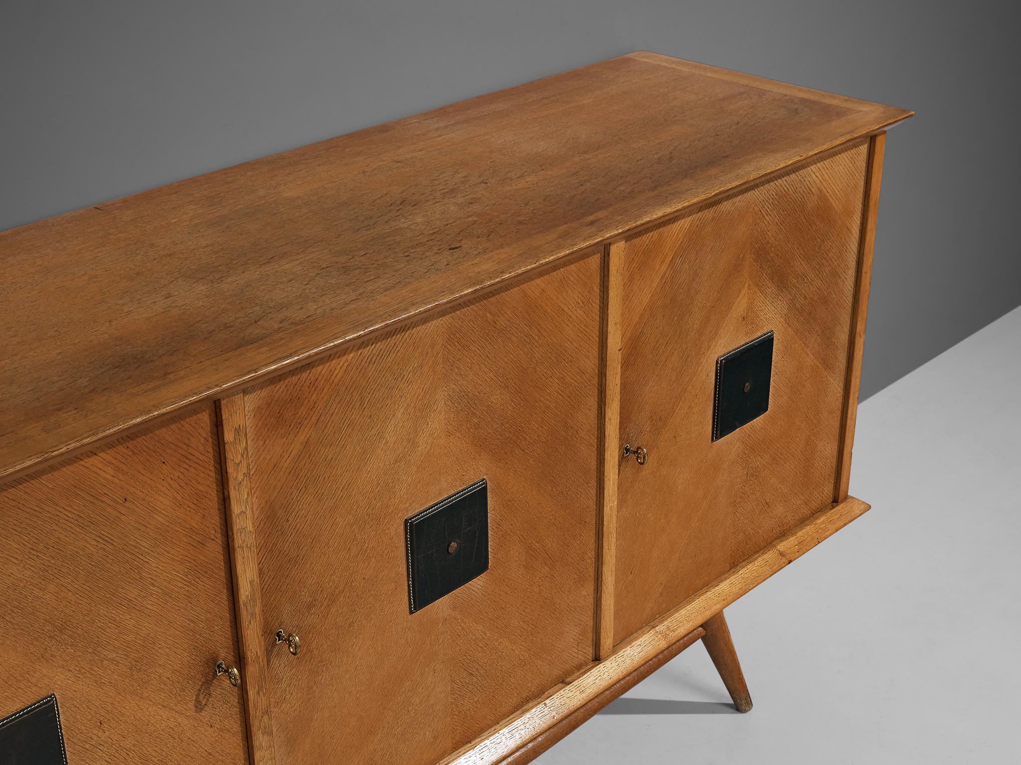 Mid-Century Modern Sculptural Italian Sideboard in Oak with Geometric Leather Details  For Sale
