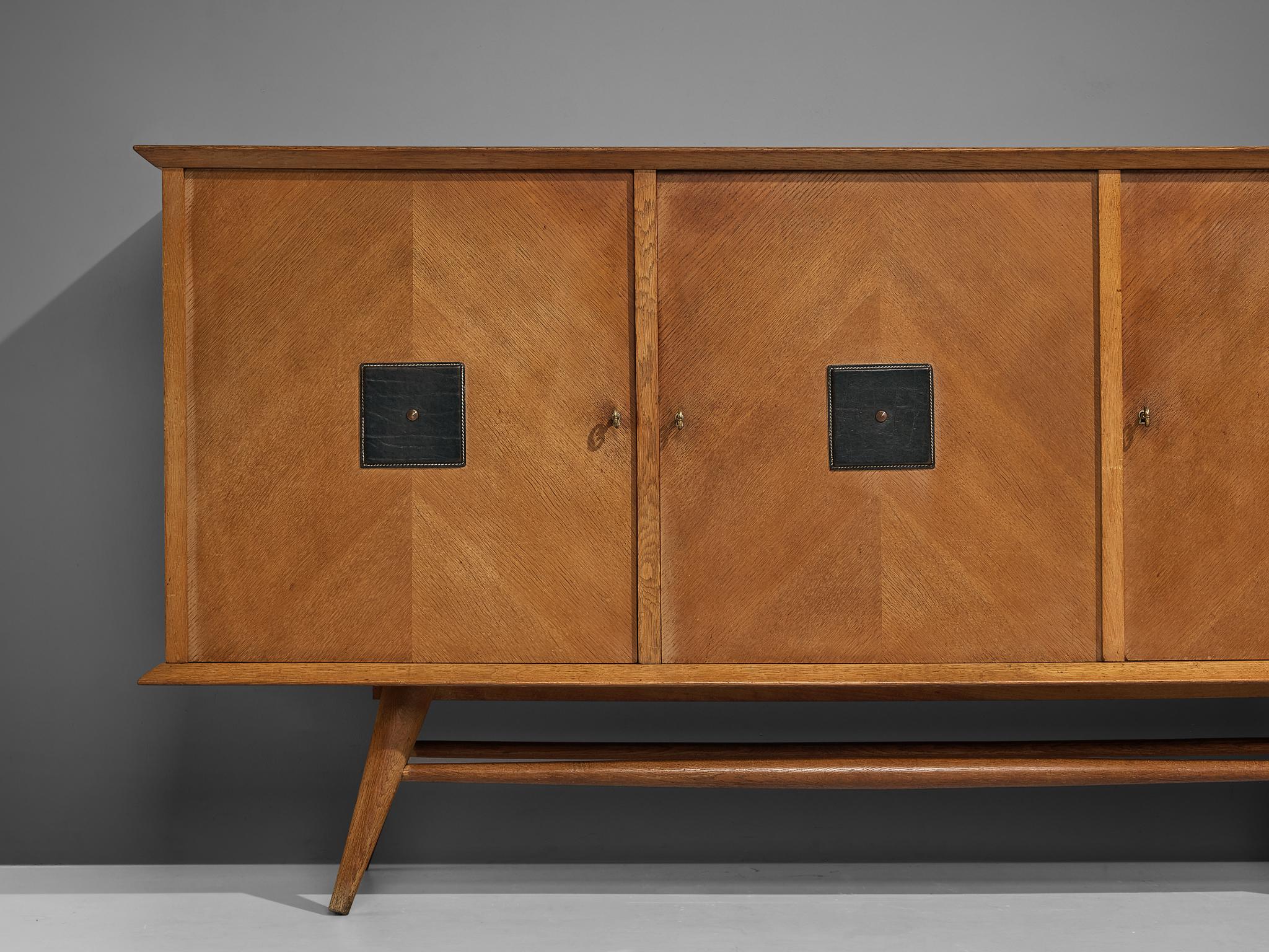 Brass Sculptural Italian Sideboard in Oak with Geometric Leather Details  For Sale