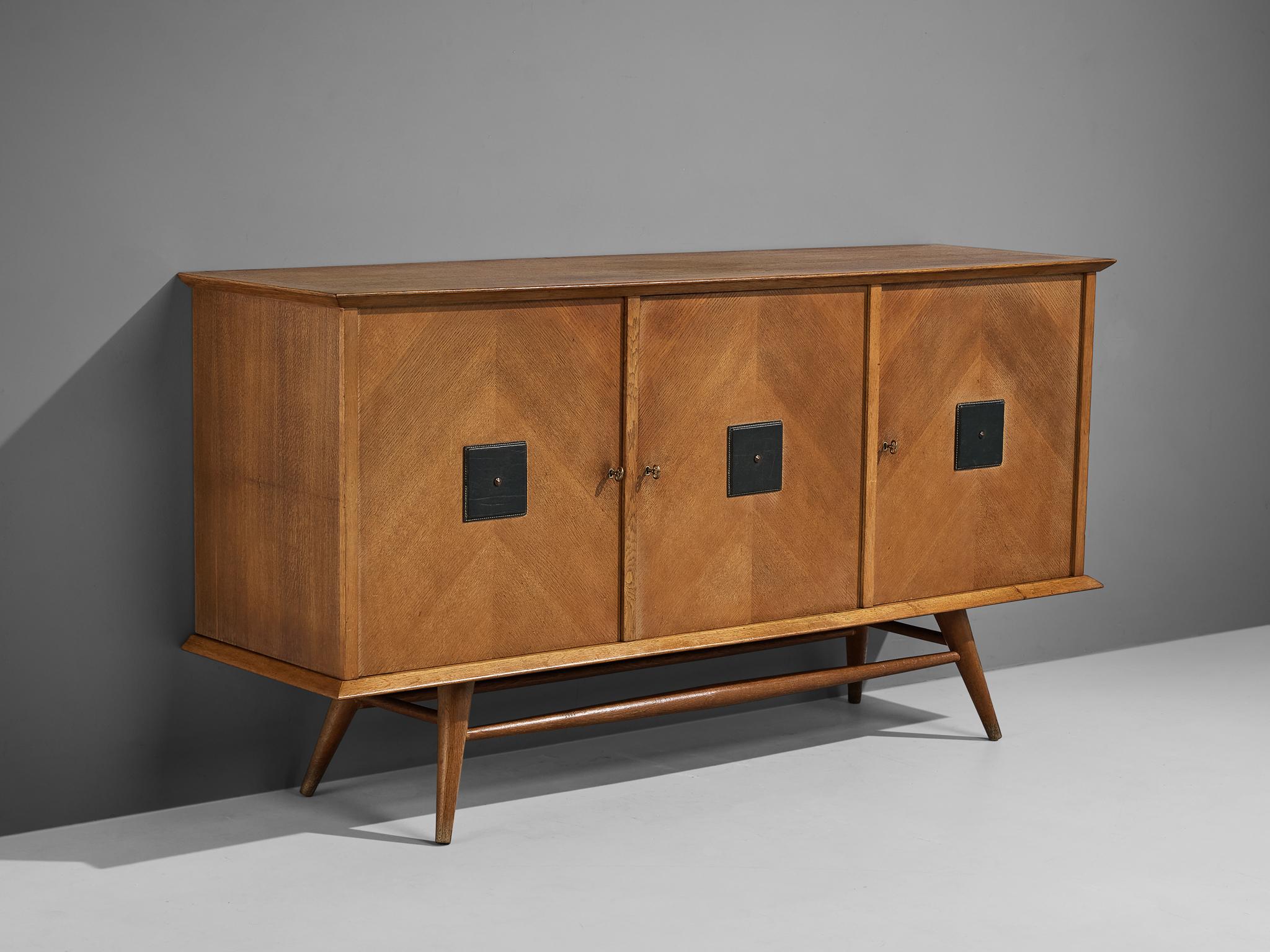Sculptural Italian Sideboard in Oak with Geometric Leather Details  For Sale 1