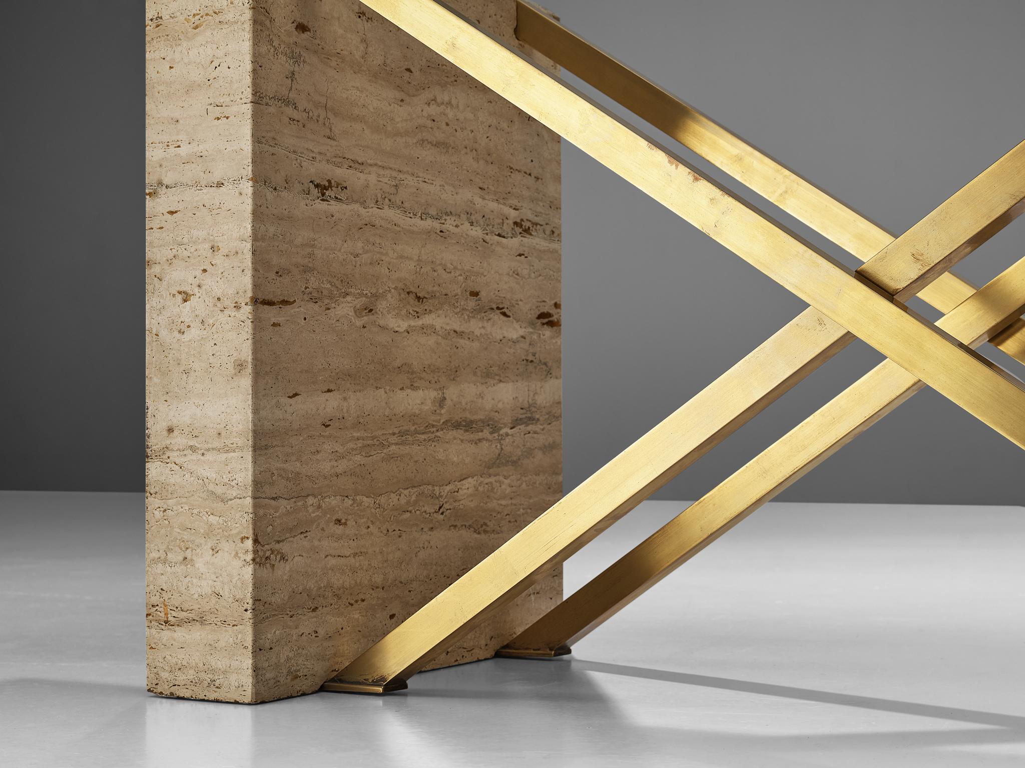 Sculptural Italian Table in Travertine, Glass and Brass 5