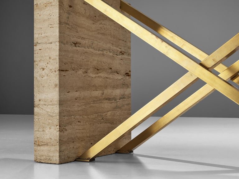 Sculptural Italian Table in Travertine, Glass and Brass For Sale 5
