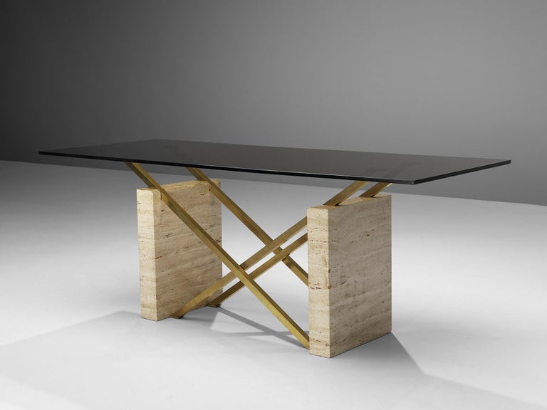 Table, travertine, glass, brass, Italy, 1970s

Very sculptural table made in the 1970s in Italy. This stunning piece is not only unique due to its structural shape, but, moreover, thanks to the combination of materials. The rectangular modelled