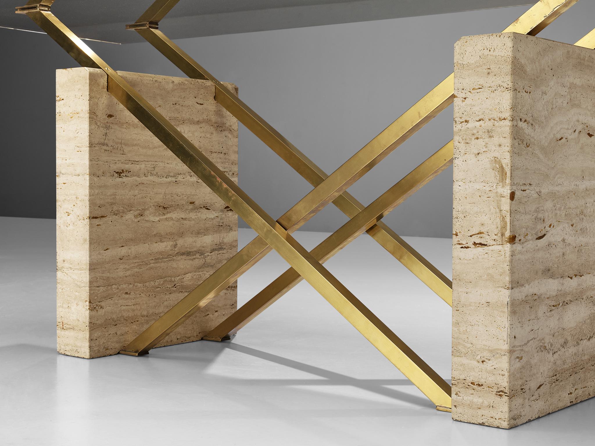 Post-Modern Sculptural Italian Table in Travertine, Glass and Brass
