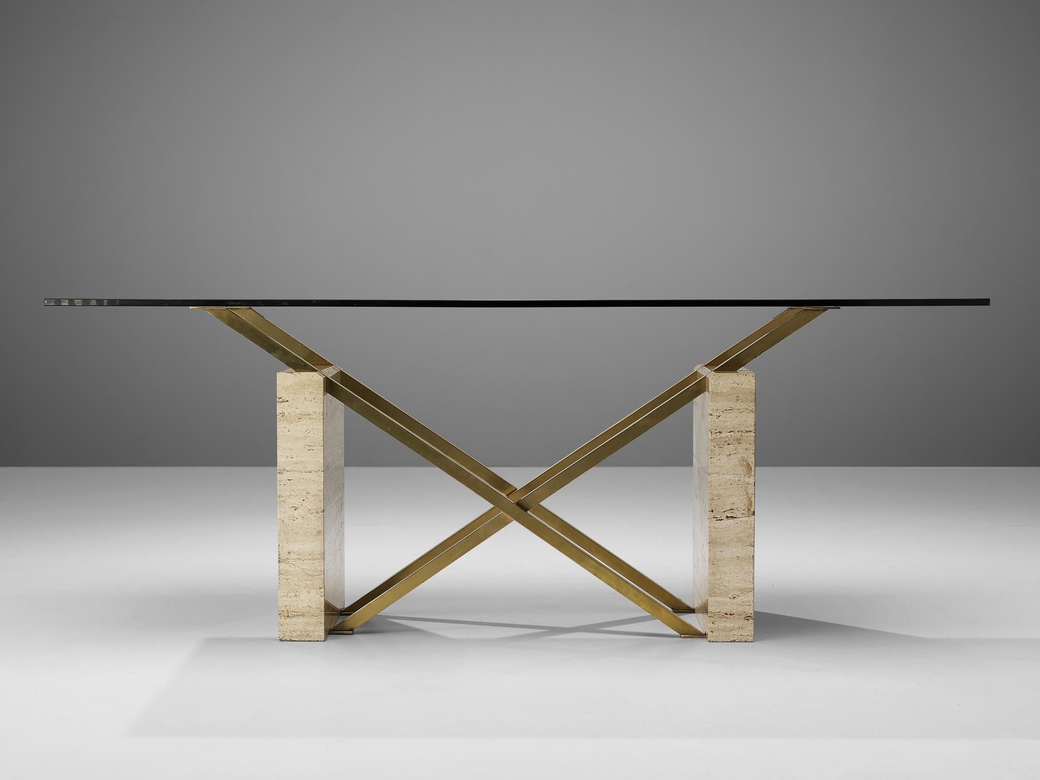 Sculptural Italian Table in Travertine, Glass and Brass In Good Condition In Waalwijk, NL