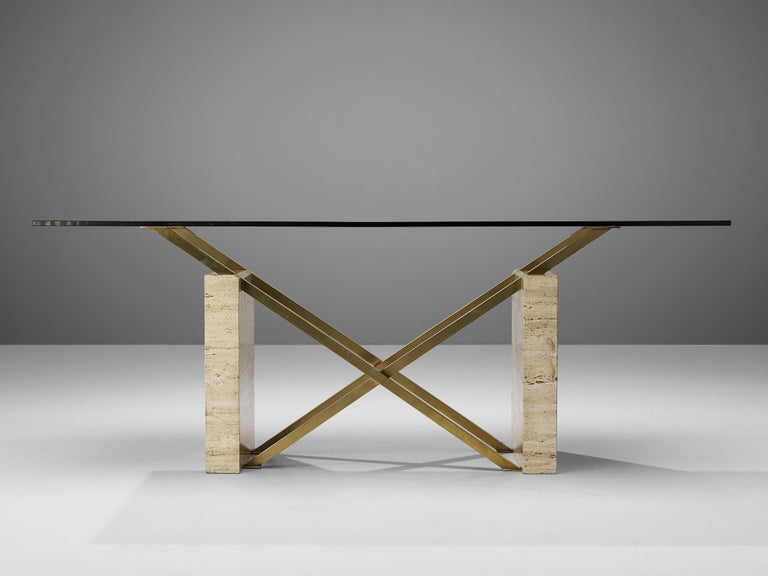 Sculptural Italian Table in Travertine, Glass and Brass In Good Condition For Sale In Waalwijk, NL