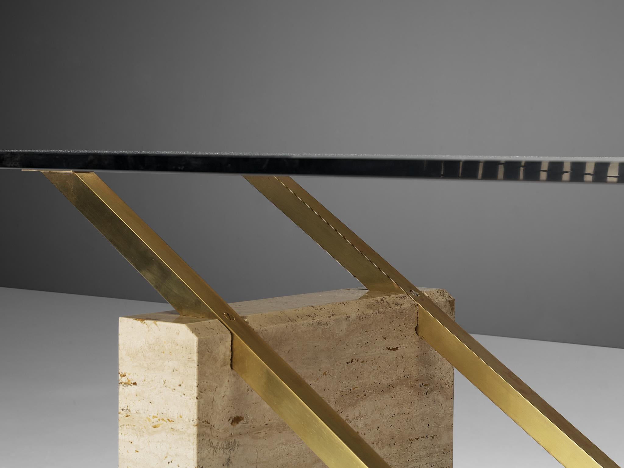 Late 20th Century Sculptural Italian Table in Travertine, Glass and Brass