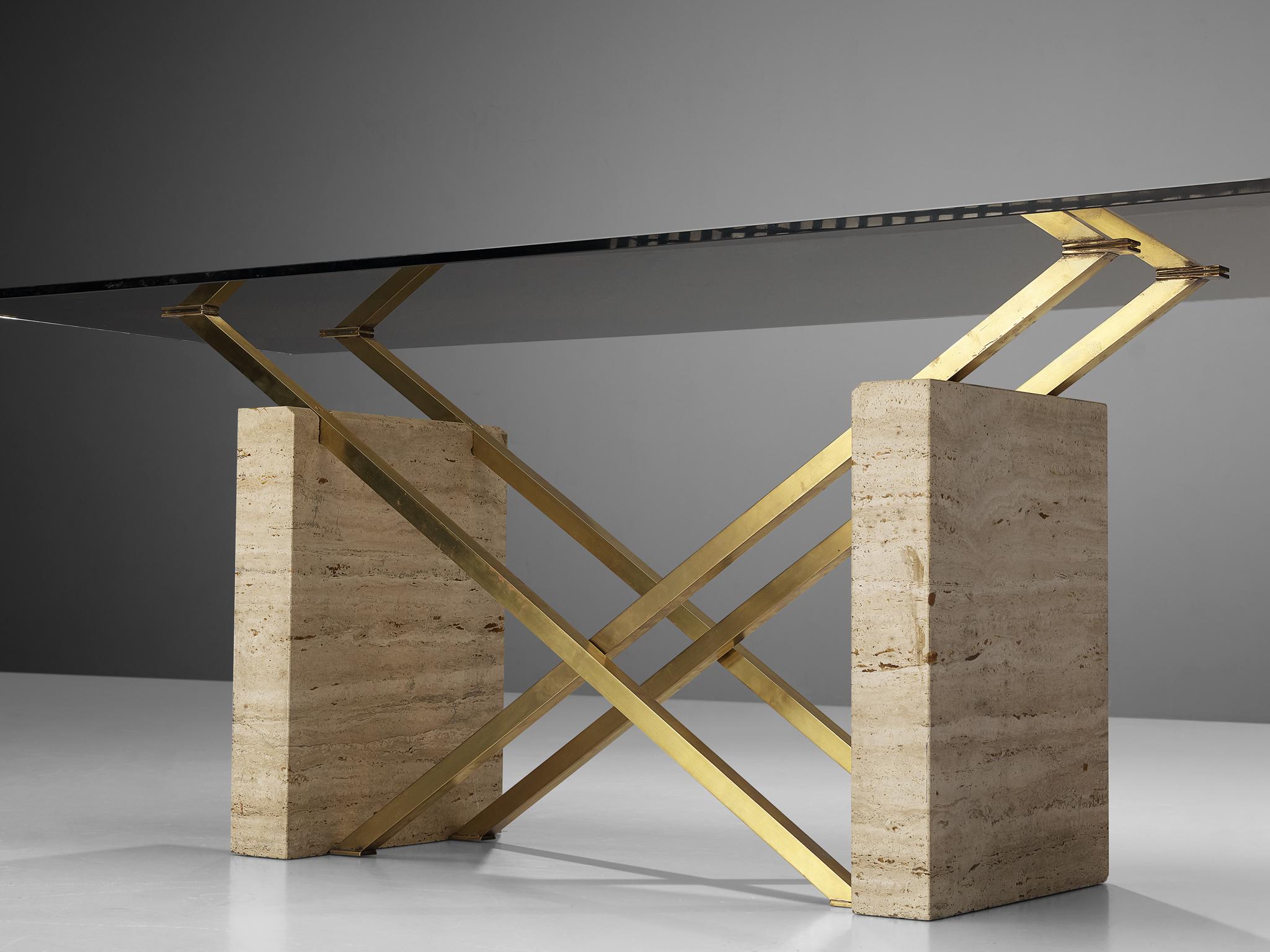 Sculptural Italian Table in Travertine, Glass and Brass 1