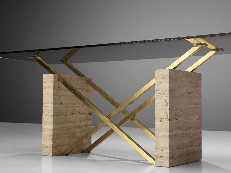 Sculptural Italian Table in Travertine, Glass and Brass For Sale 1