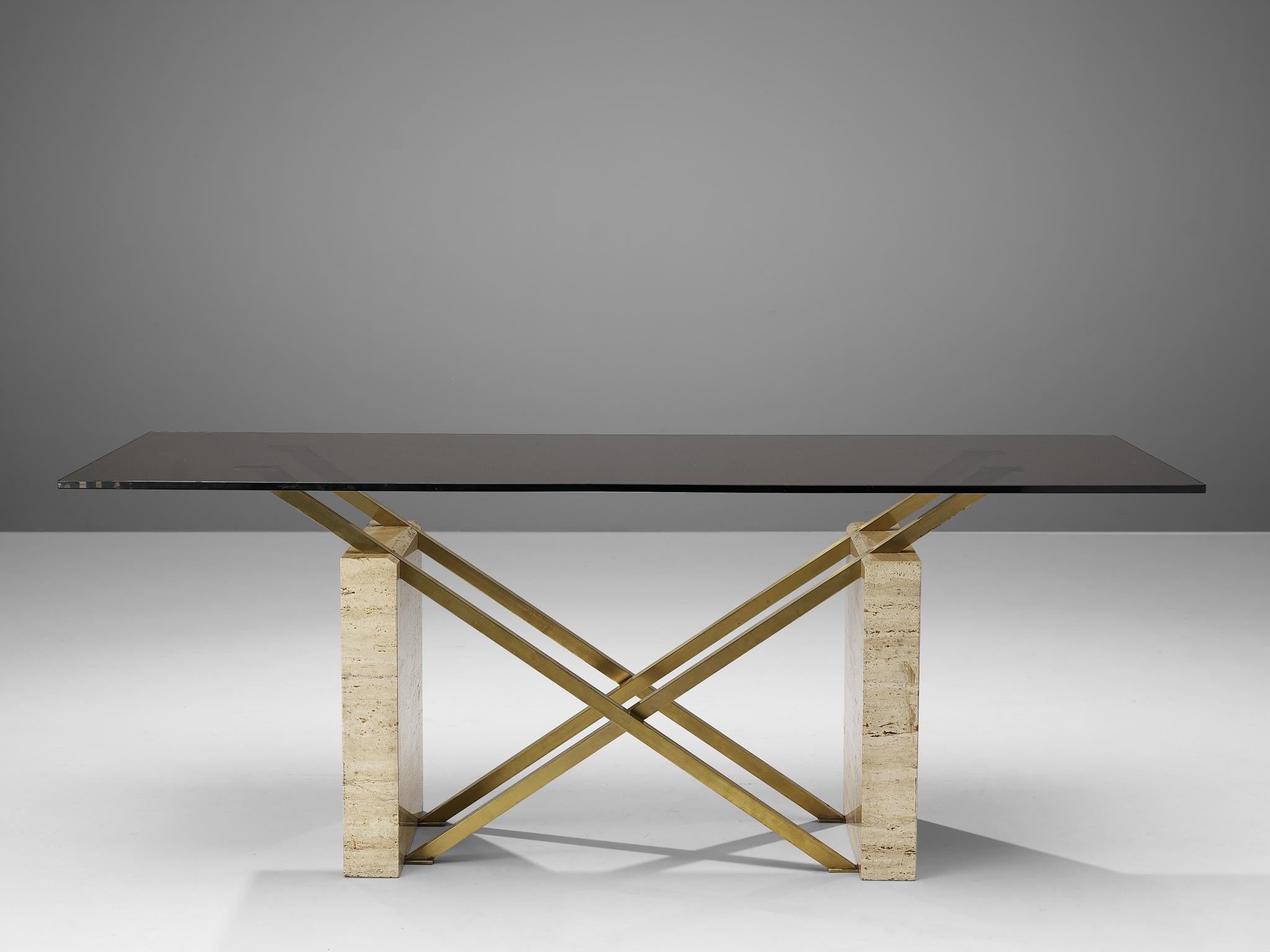 Sculptural Italian Table in Travertine, Glass and Brass 2