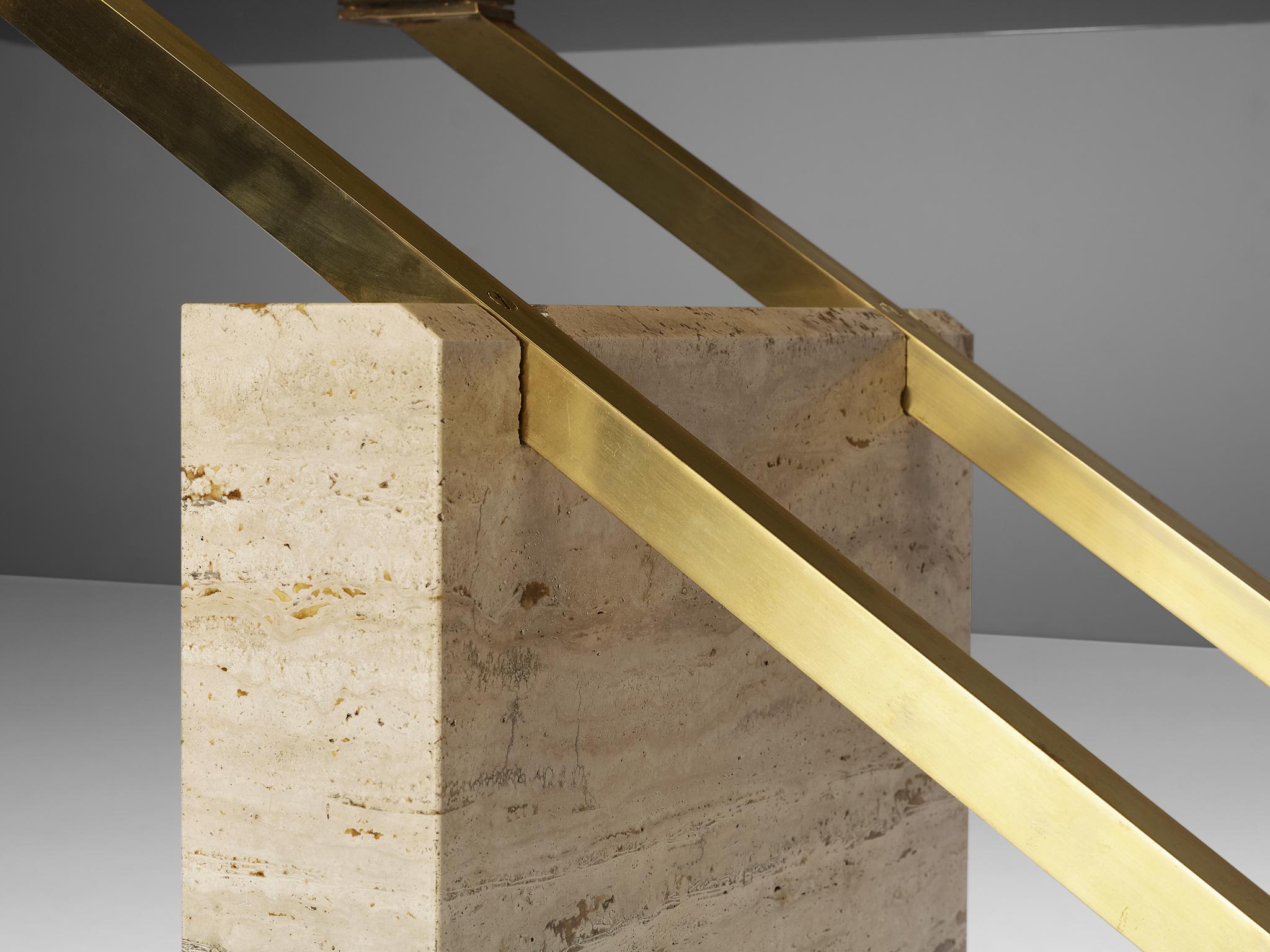 Sculptural Italian Table in Travertine, Glass and Brass 3