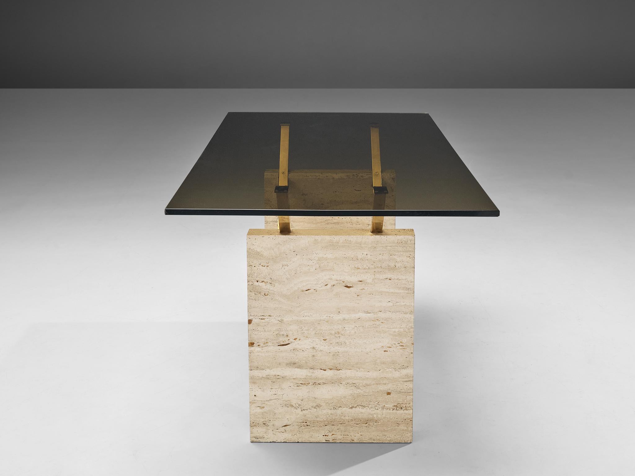 Sculptural Italian Table in Travertine, Glass and Brass 4