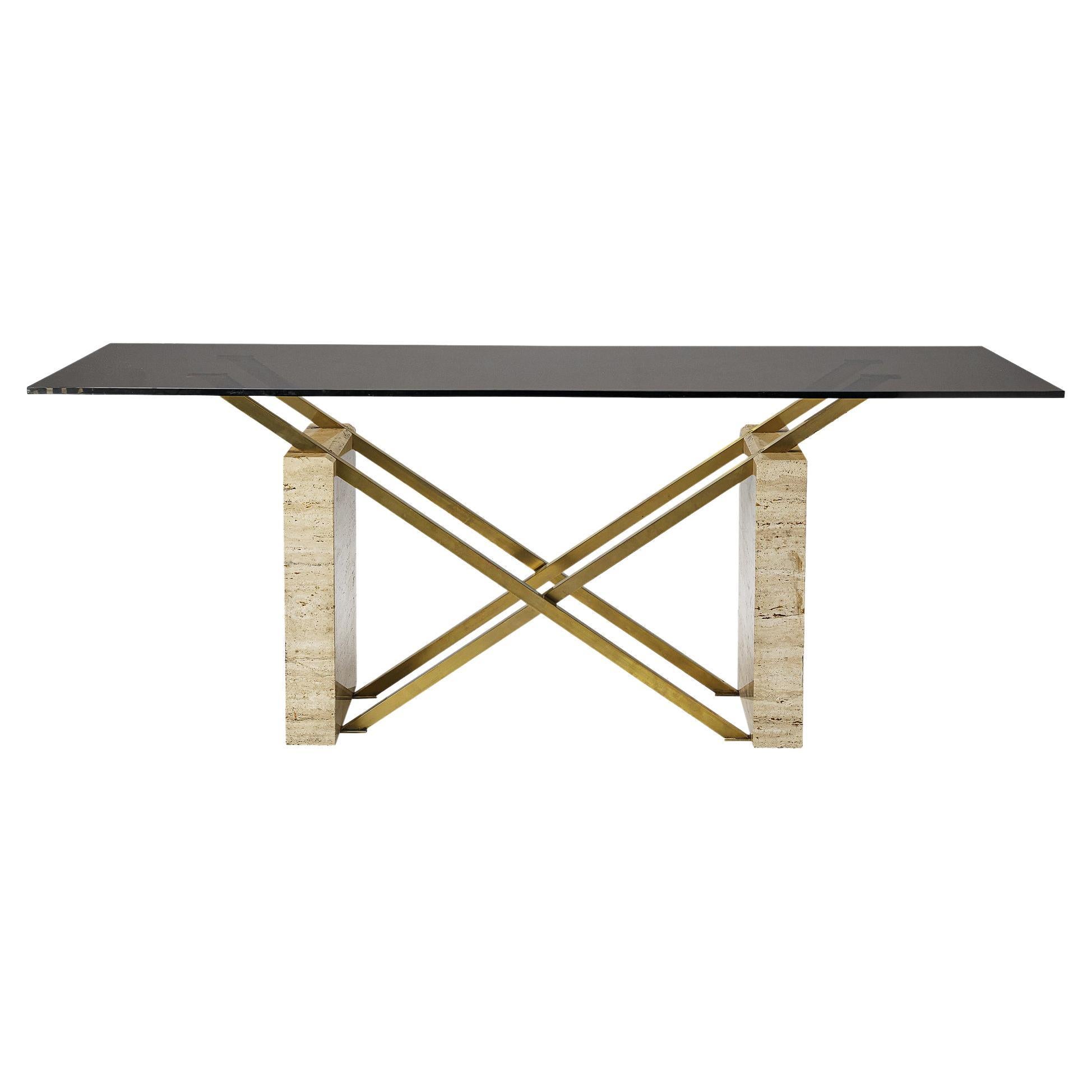 Sculptural Italian Table in Travertine, Glass and Brass
