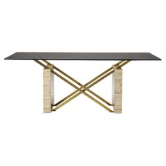 Sculptural Italian Table in Travertine, Glass and Brass