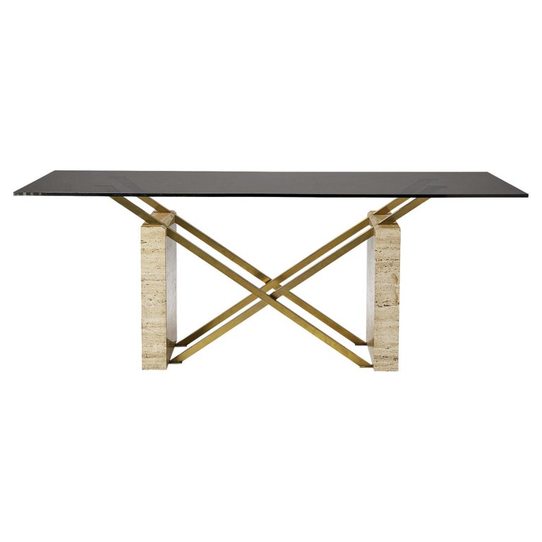 Sculptural Italian Table in Travertine, Glass and Brass For Sale