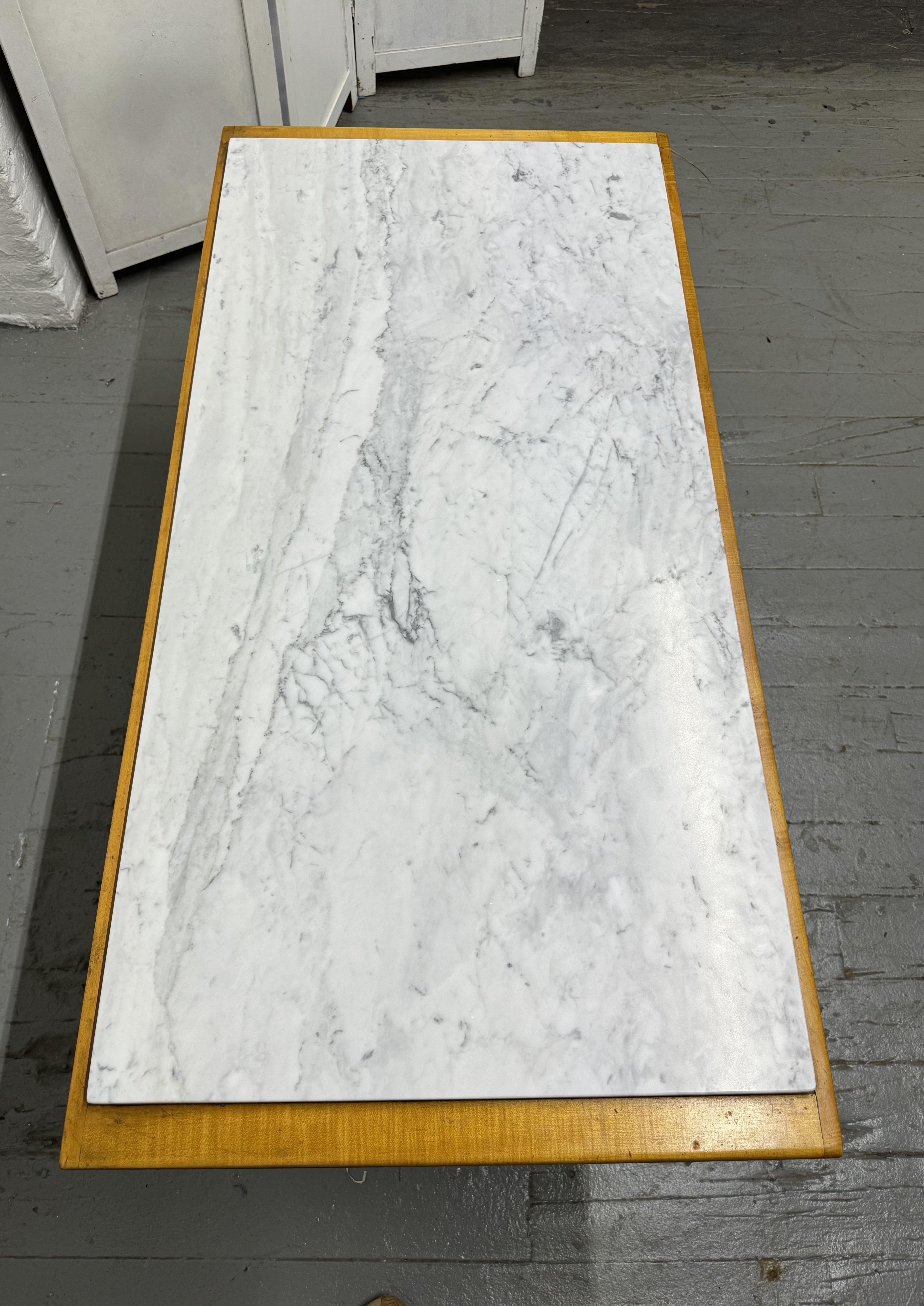 Brass Sculptural Italian Walnut Coffee Table w/ Carrara Marble Top For Sale