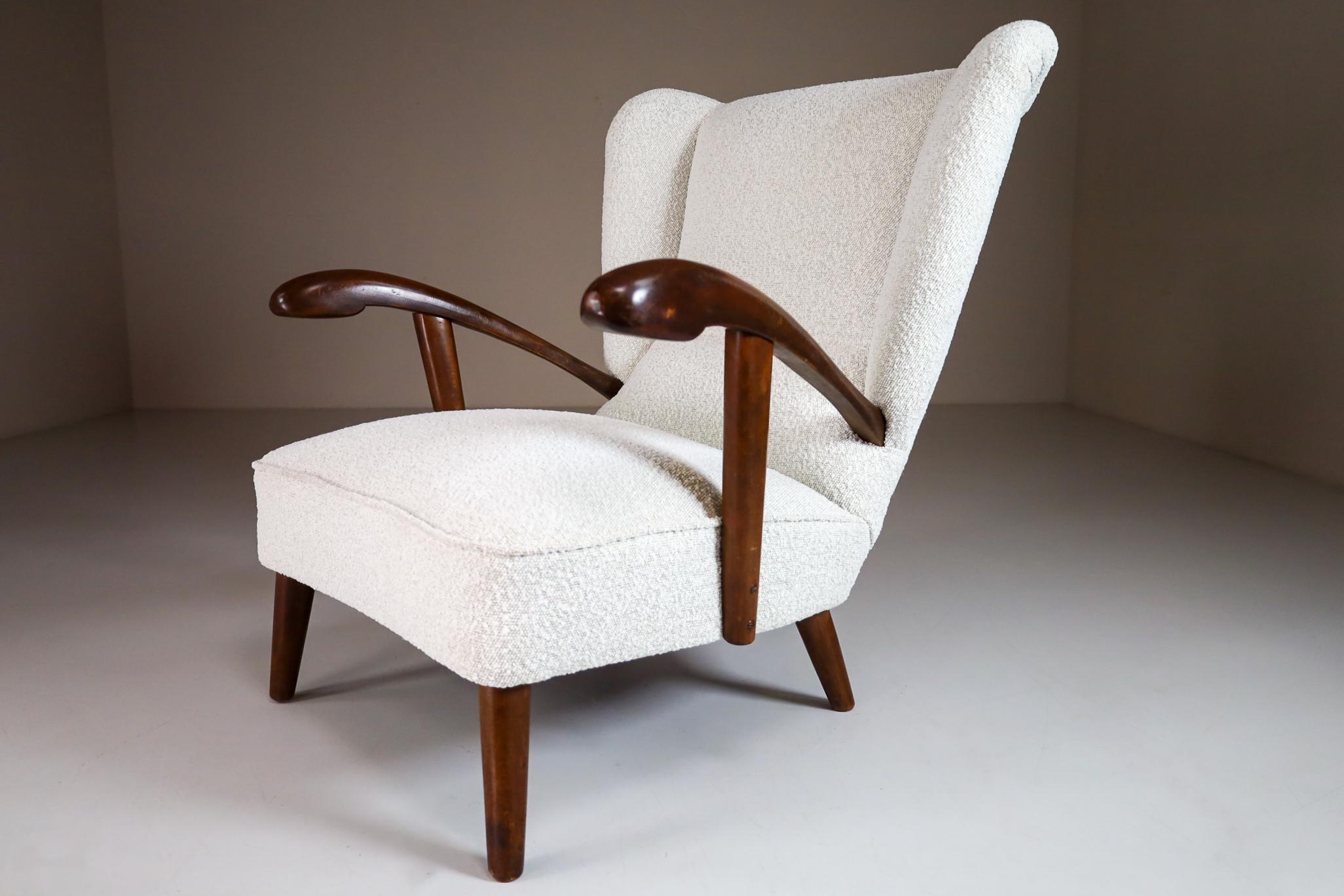 Sculptural Italian Wing Chair in Walnut & Reupholstered in Bouclé Wool Fabric 2