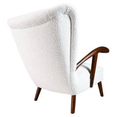 Sculptural Italian Wing Chair in Walnut & Reupholstered in Bouclé Wool Fabric