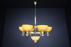 Sculptural Italian XL Chandelier, Brass & Amber-Gold Opaline Glass, 1970s