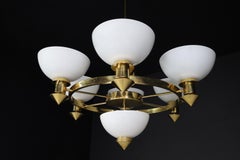Sculptural Italian XL Chandelier, Brass & Opaline Glass, 1970s