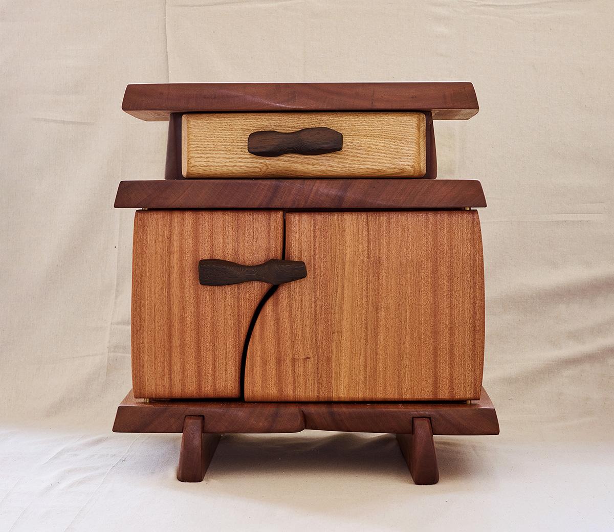 Inspired by Japanese architecture, Studio POA's Tariko night table is a temple for your most intimate belongings (your journal, your spiritual literature, your Invisalign). Shown here in three different woods — sapele, oak, and wenge — Tariko's