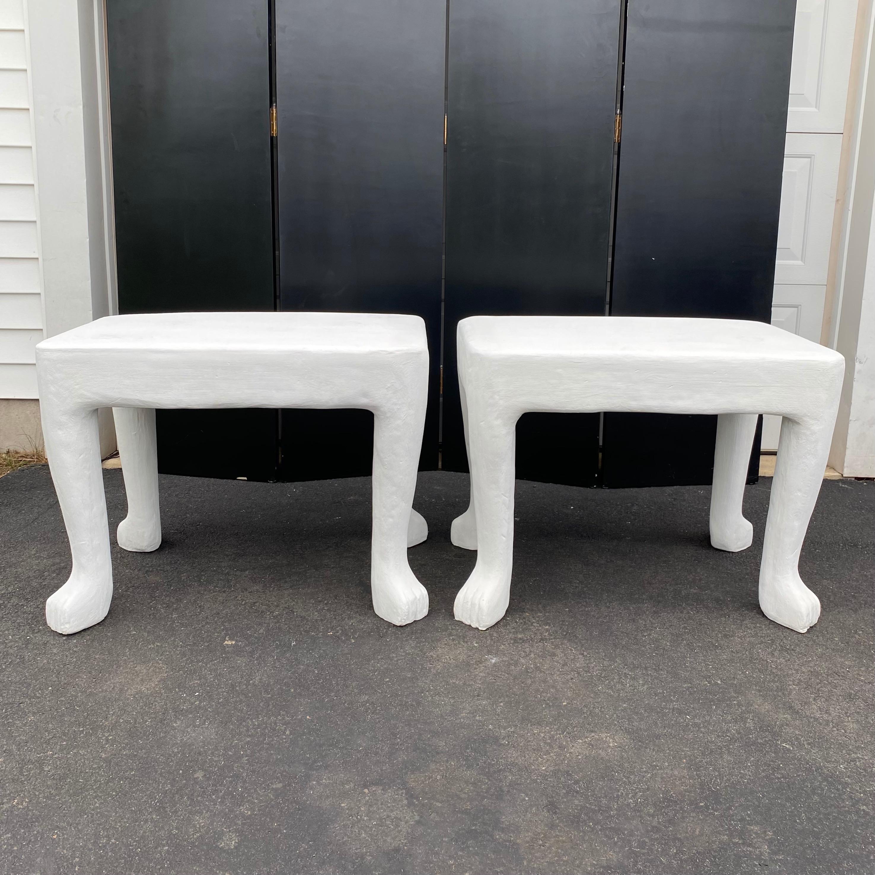 Organic Modern Sculptural John Dickinson Footed Side End Coffee Tables, Plaster White Pair