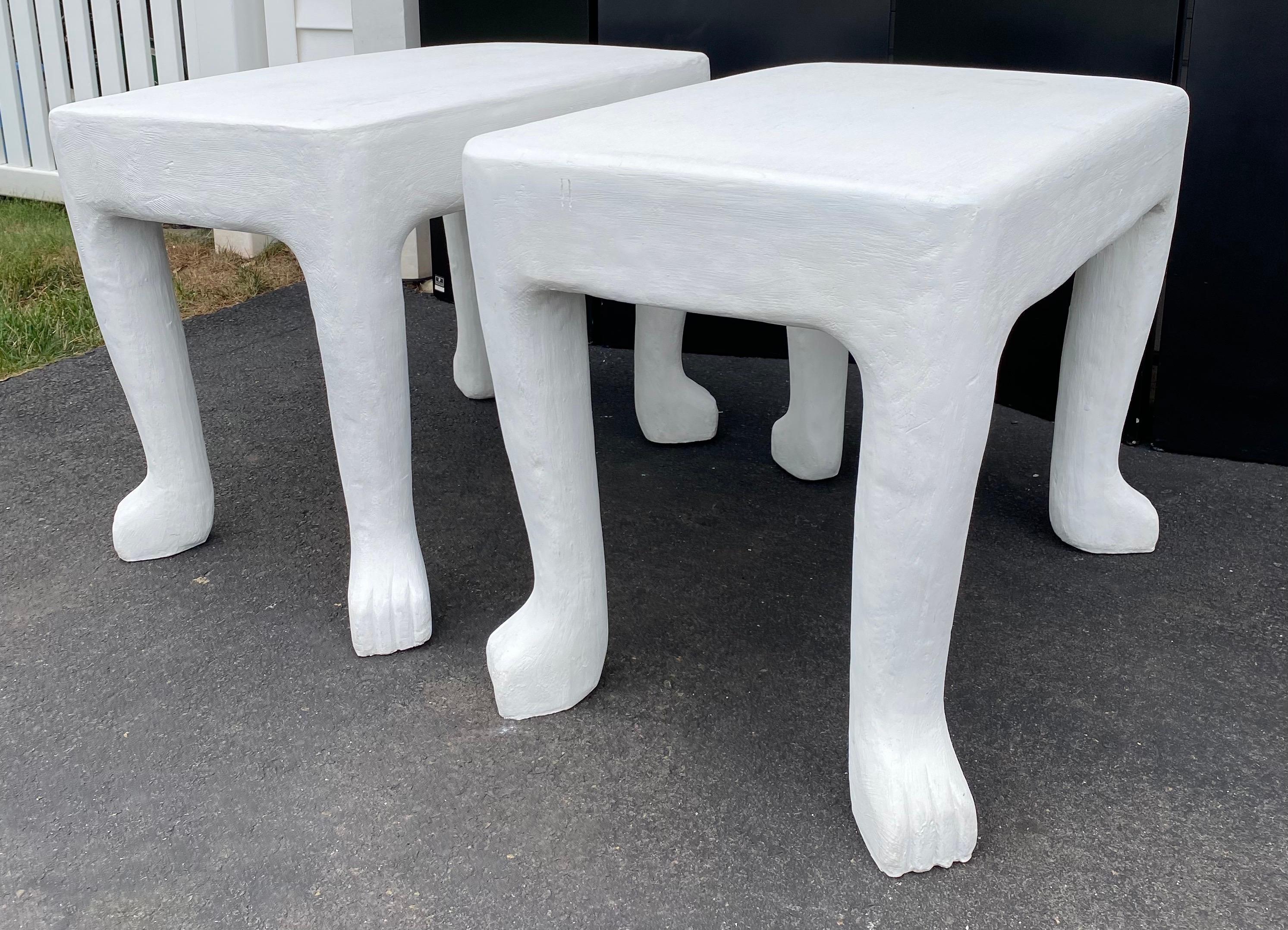 Molded Sculptural John Dickinson Footed Side End Coffee Tables, Plaster White Pair