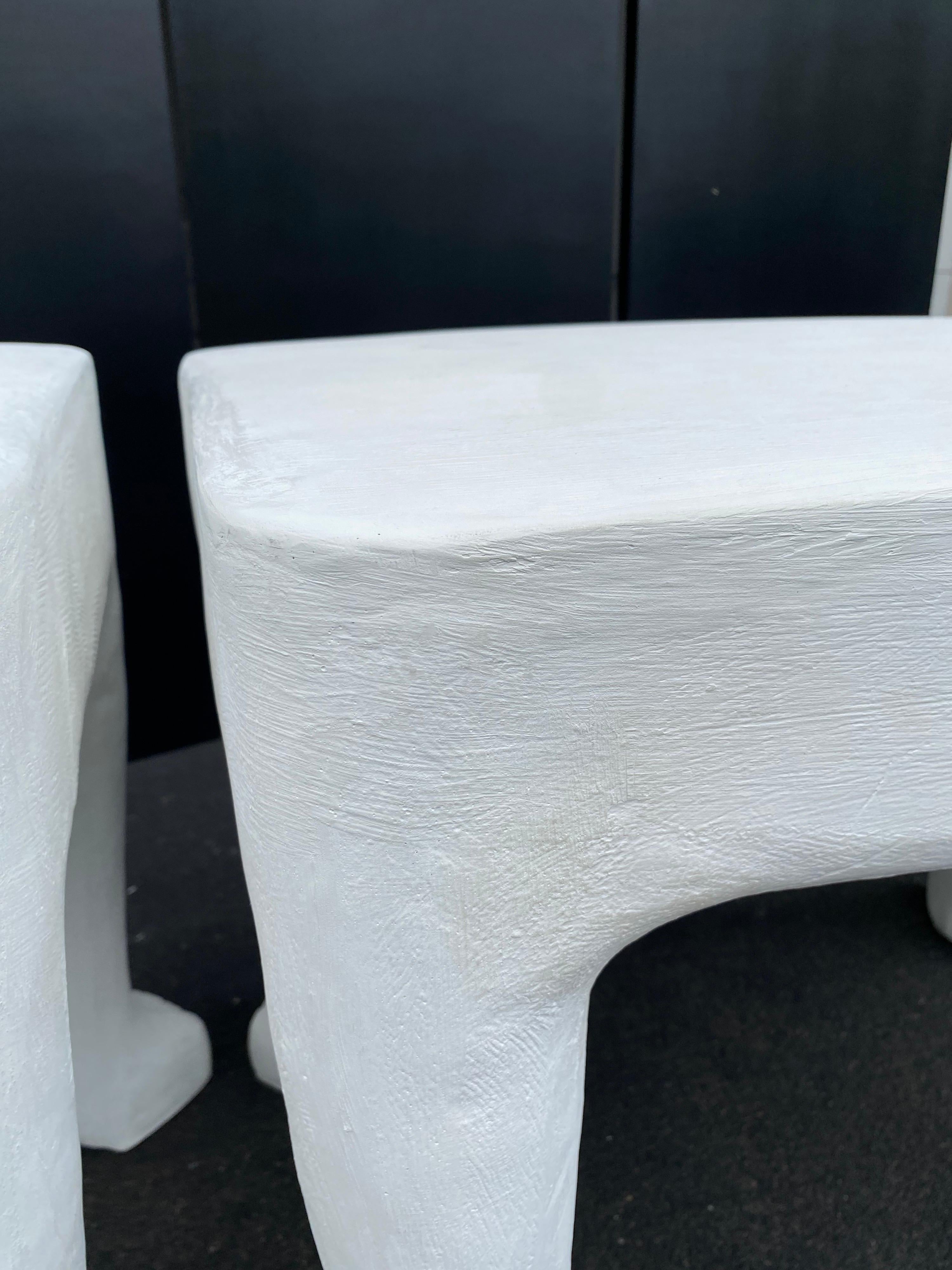 Concrete Sculptural John Dickinson Footed Side End Coffee Tables, Plaster White Pair