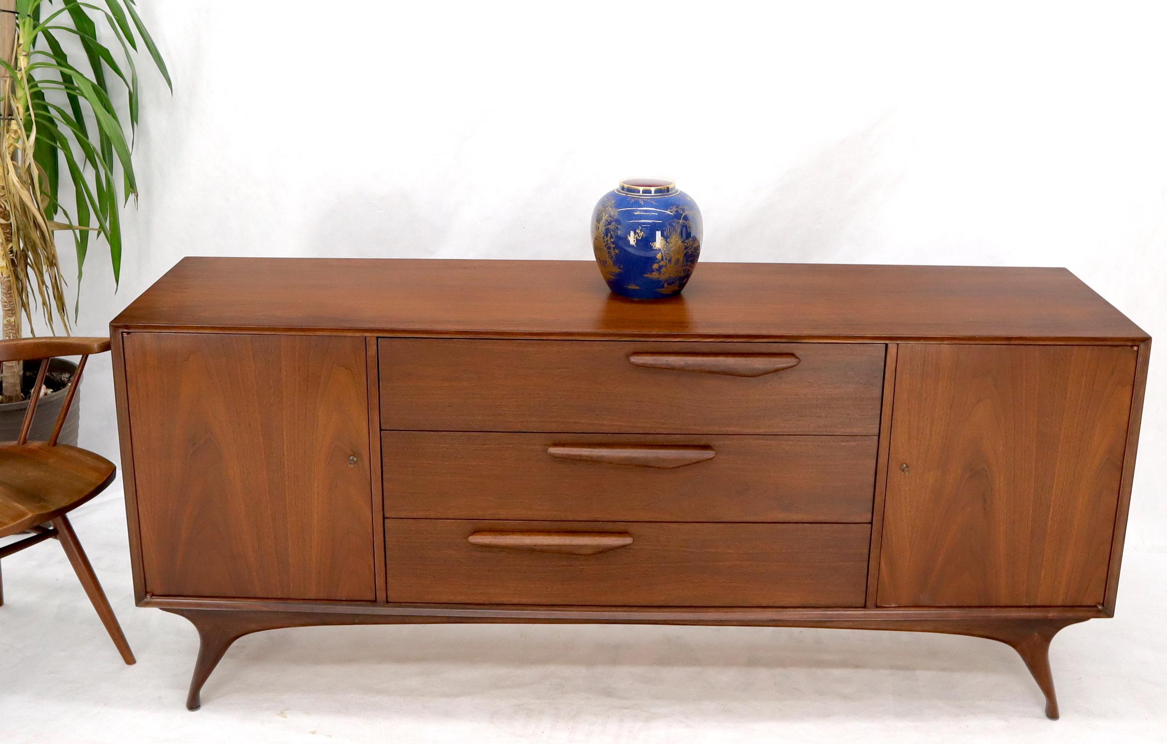 Oiled Sculptural Legs Long 9 Drawers Walnut Credenza Dresser with Doors For Sale