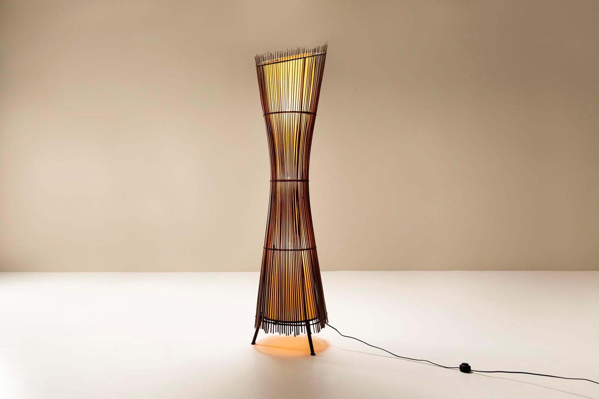 Mid-Century Modern Sculptural Kobe Floor Lamp in Bamboo and Canvas, France 1980s