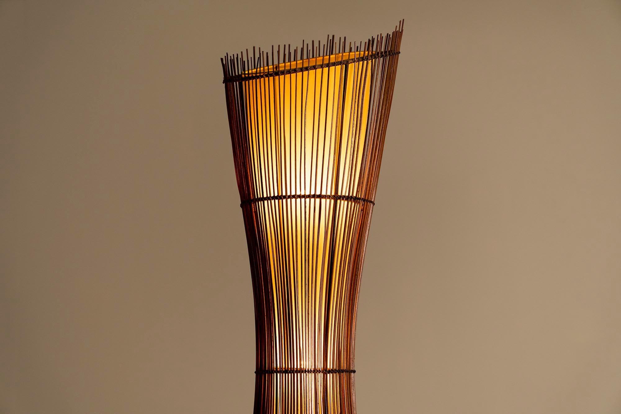 French Sculptural Kobe Floor Lamp in Bamboo and Canvas, France 1980s