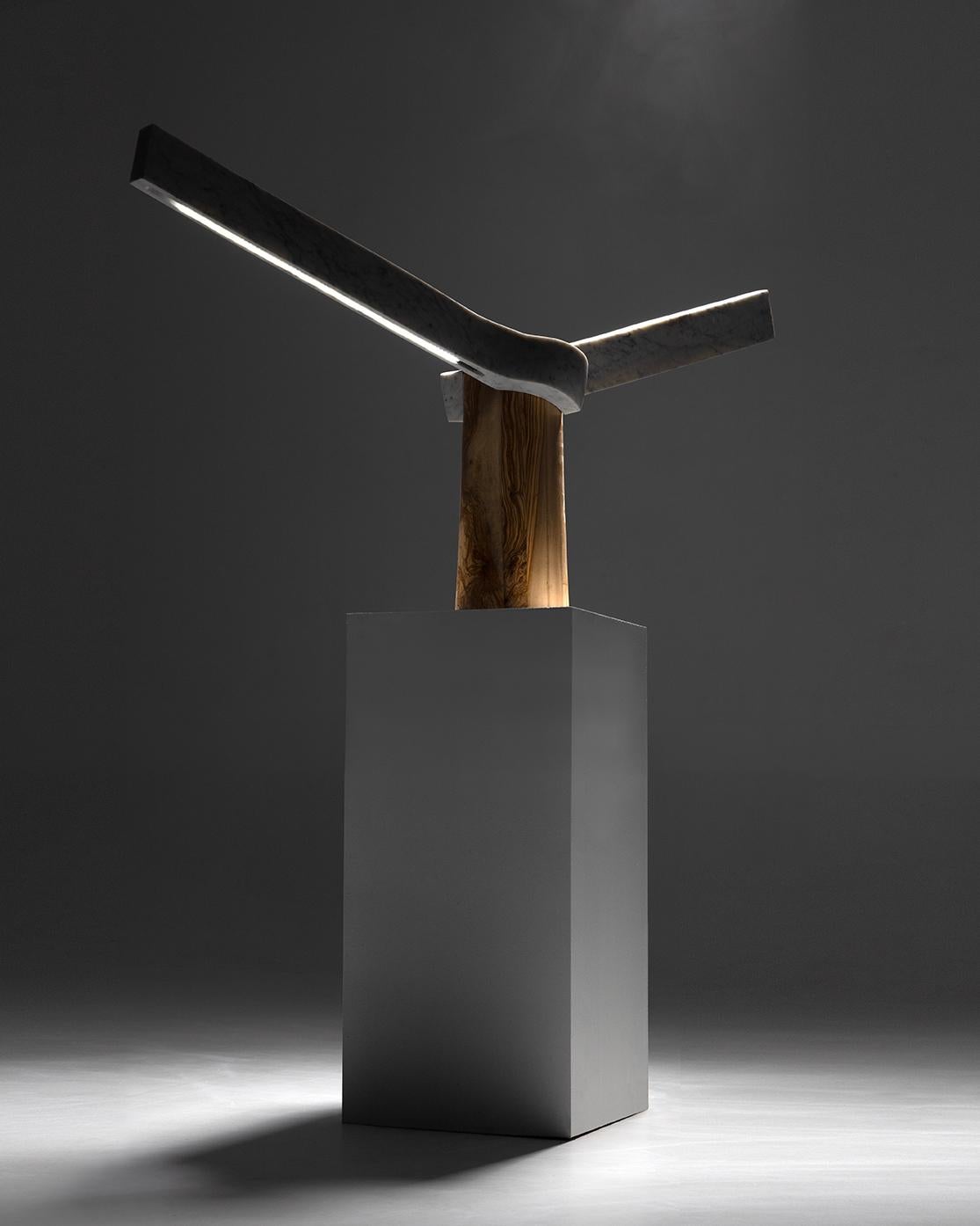 Carrara Marble Sculptural Lamp Designed by Carlos Aucejo, made of Marble and Wood. For Sale