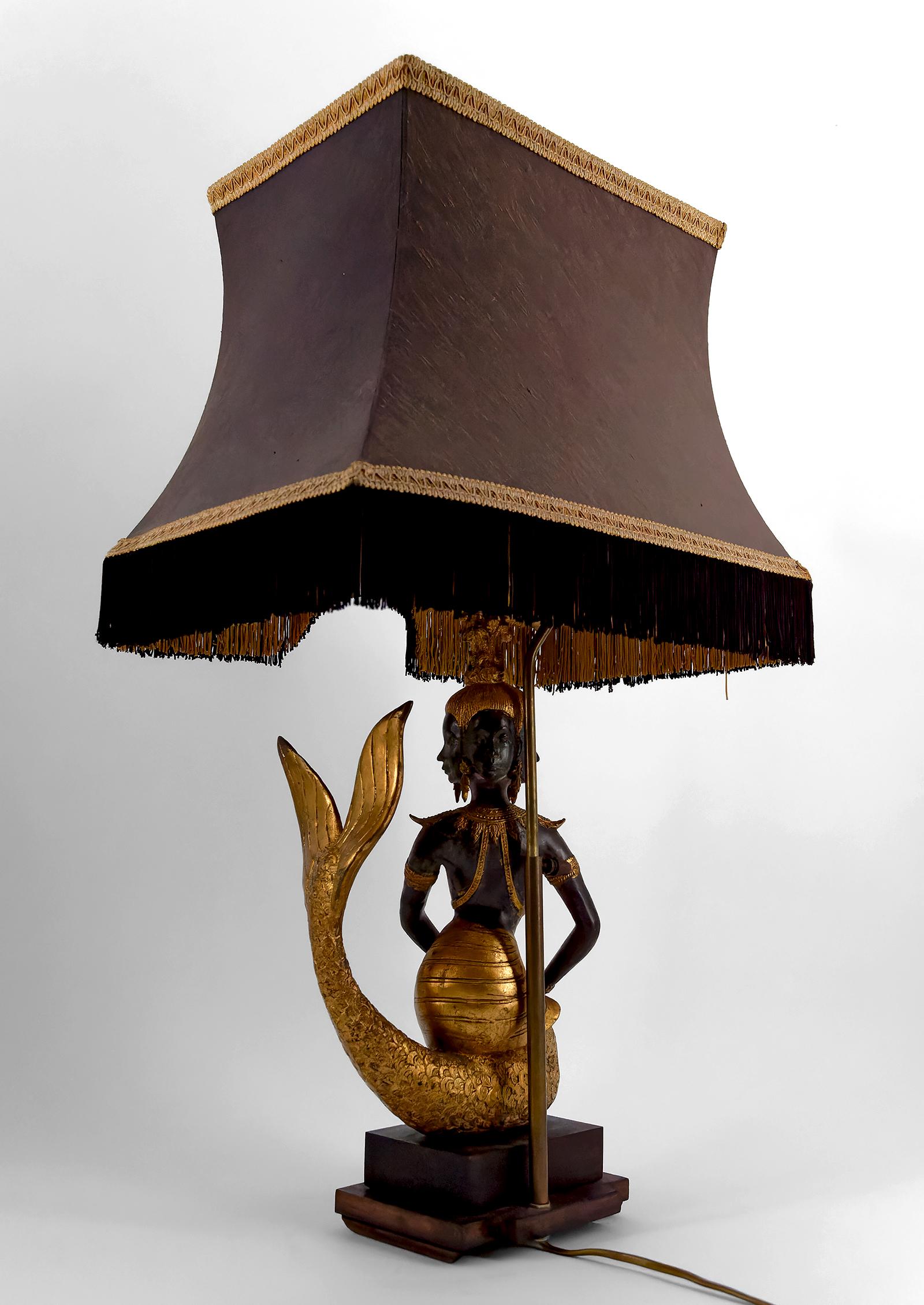 Patinated Sculptural Lamp in Bronze Representing the Mermaid Princess Suvannamaccha For Sale