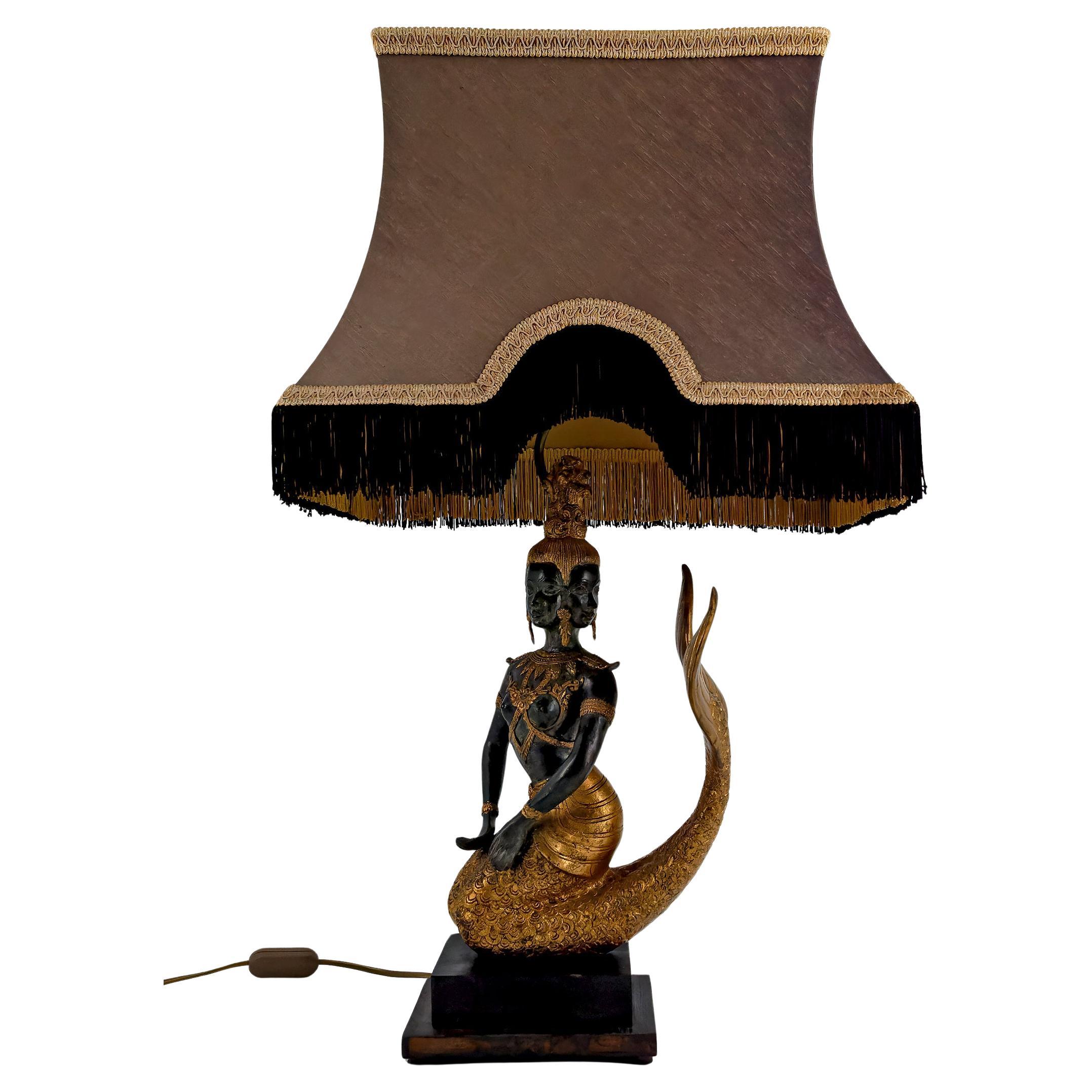 Sculptural Lamp in Bronze Representing the Mermaid Princess Suvannamaccha For Sale