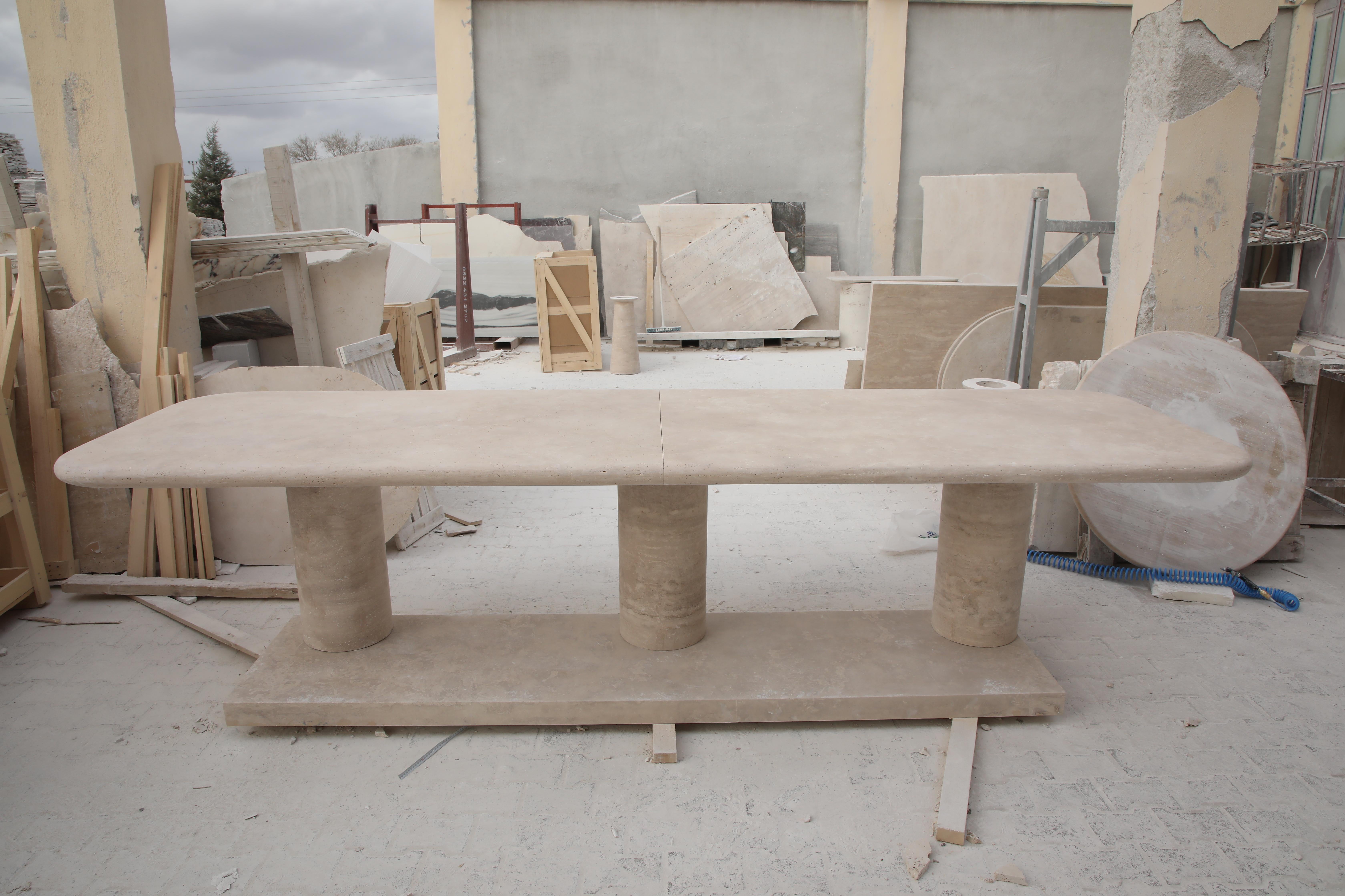 Organic Modern Sculptural Large Travertine Dining Table with Mario Bellini style column legs For Sale
