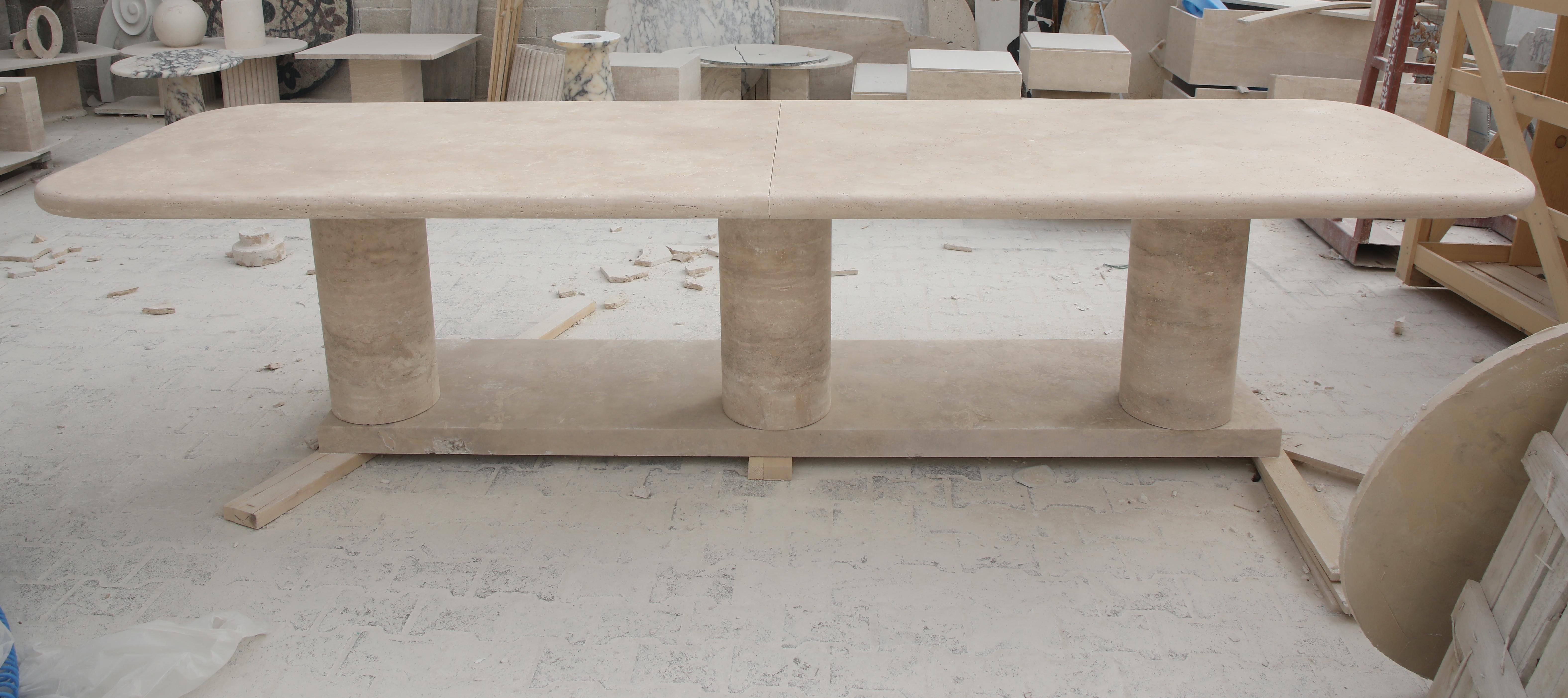 Contemporary Sculptural Large Travertine Dining Table with Mario Bellini style column legs For Sale