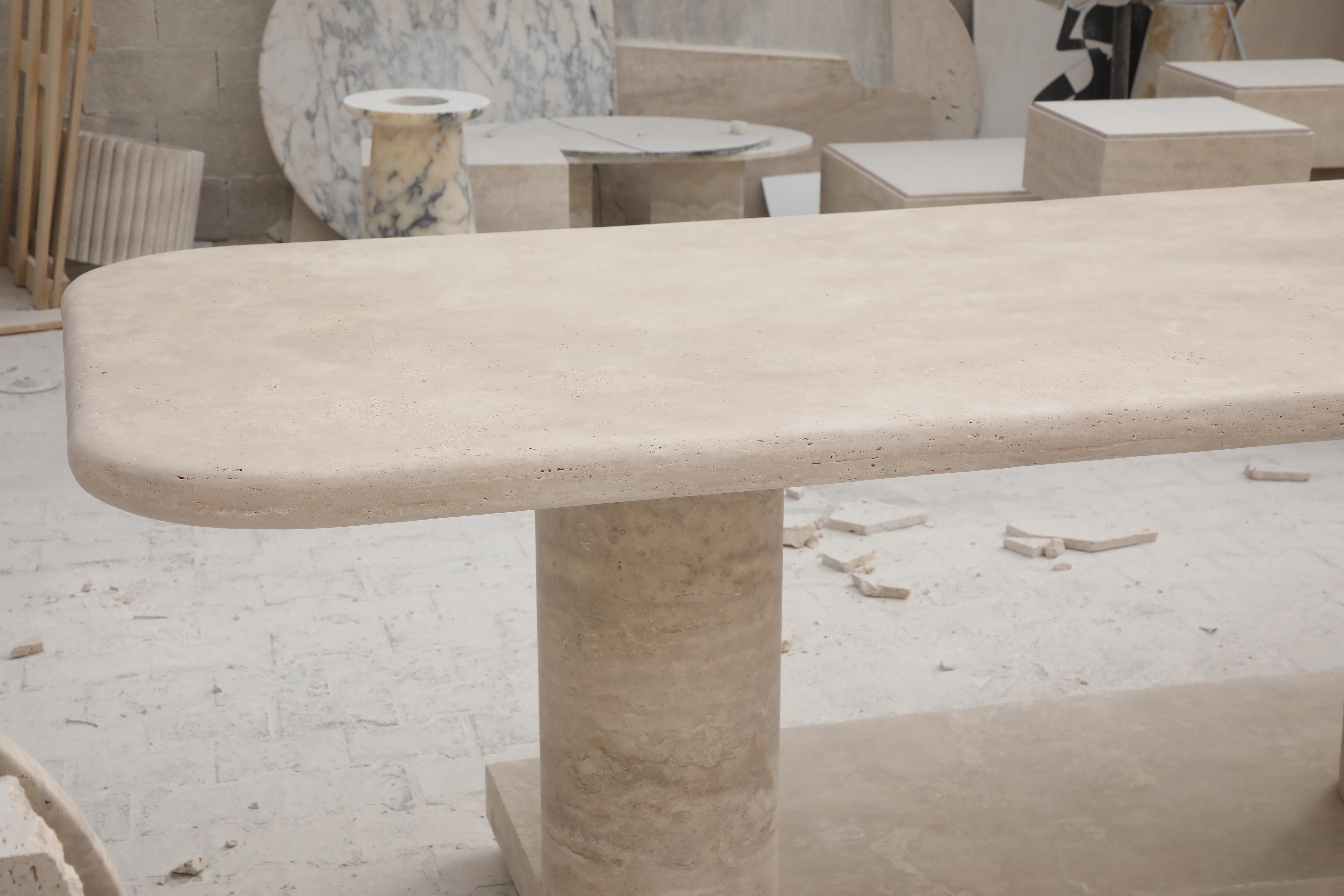 Sculptural Large Travertine Dining Table with Mario Bellini style column legs For Sale 1