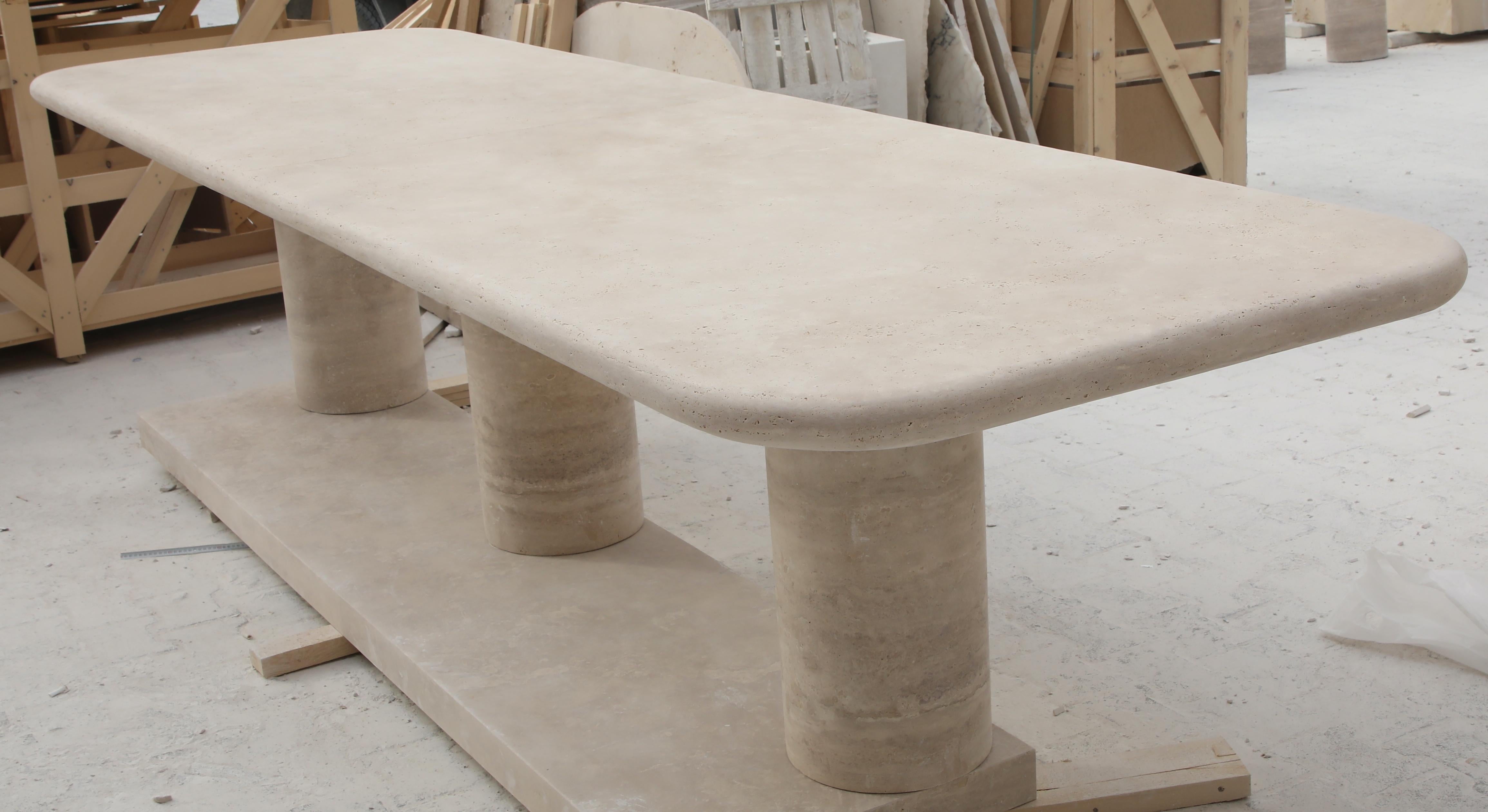 Sculptural Large Travertine Dining Table with Mario Bellini style column legs For Sale 3
