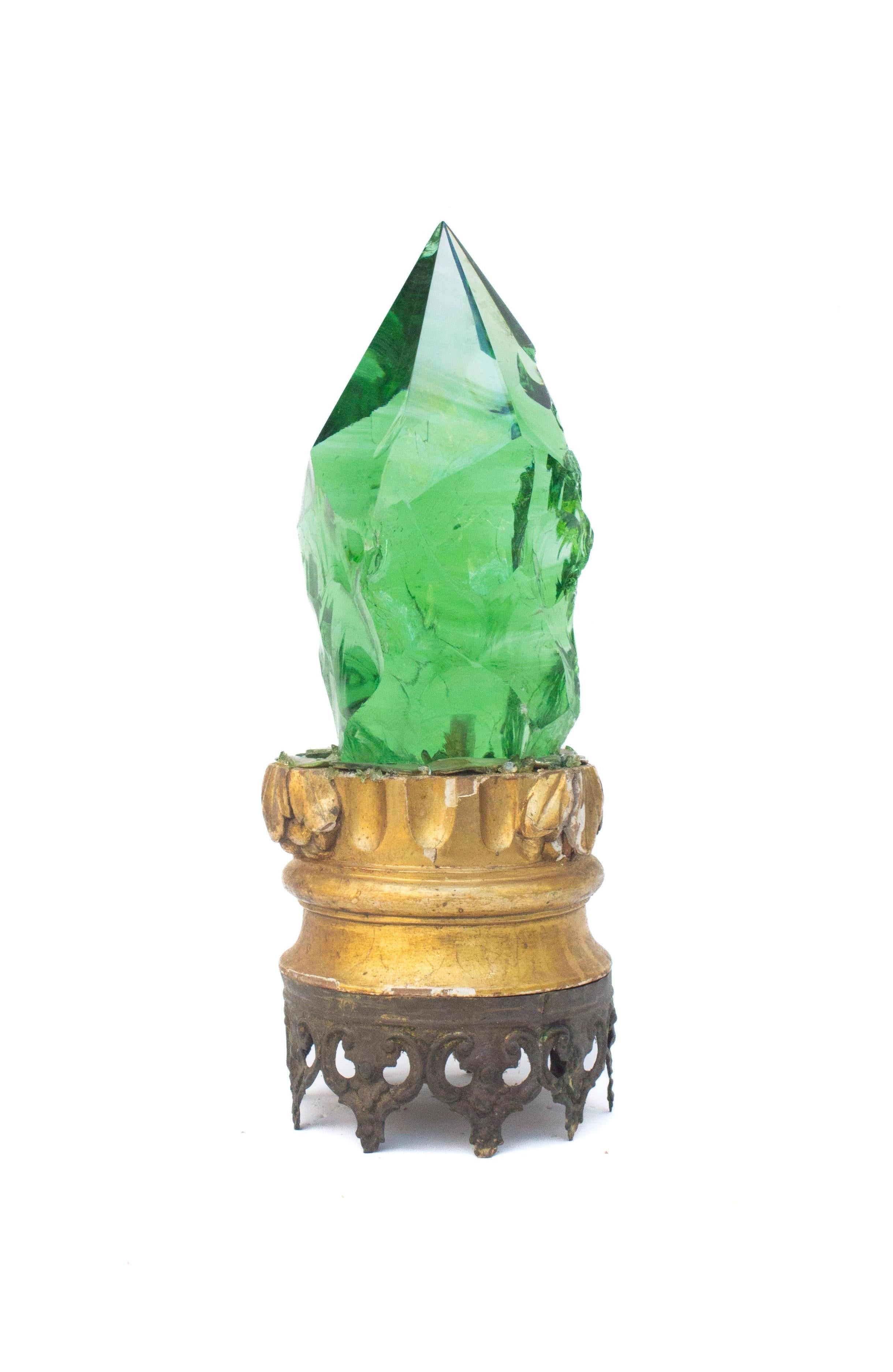 18th century Italian gilded base with a polished green lava glass point and adorned with green mother of pearl with gold highlights and mounted on an antique metal crown base.

The gilded base originally came from a historical church in Italy. The