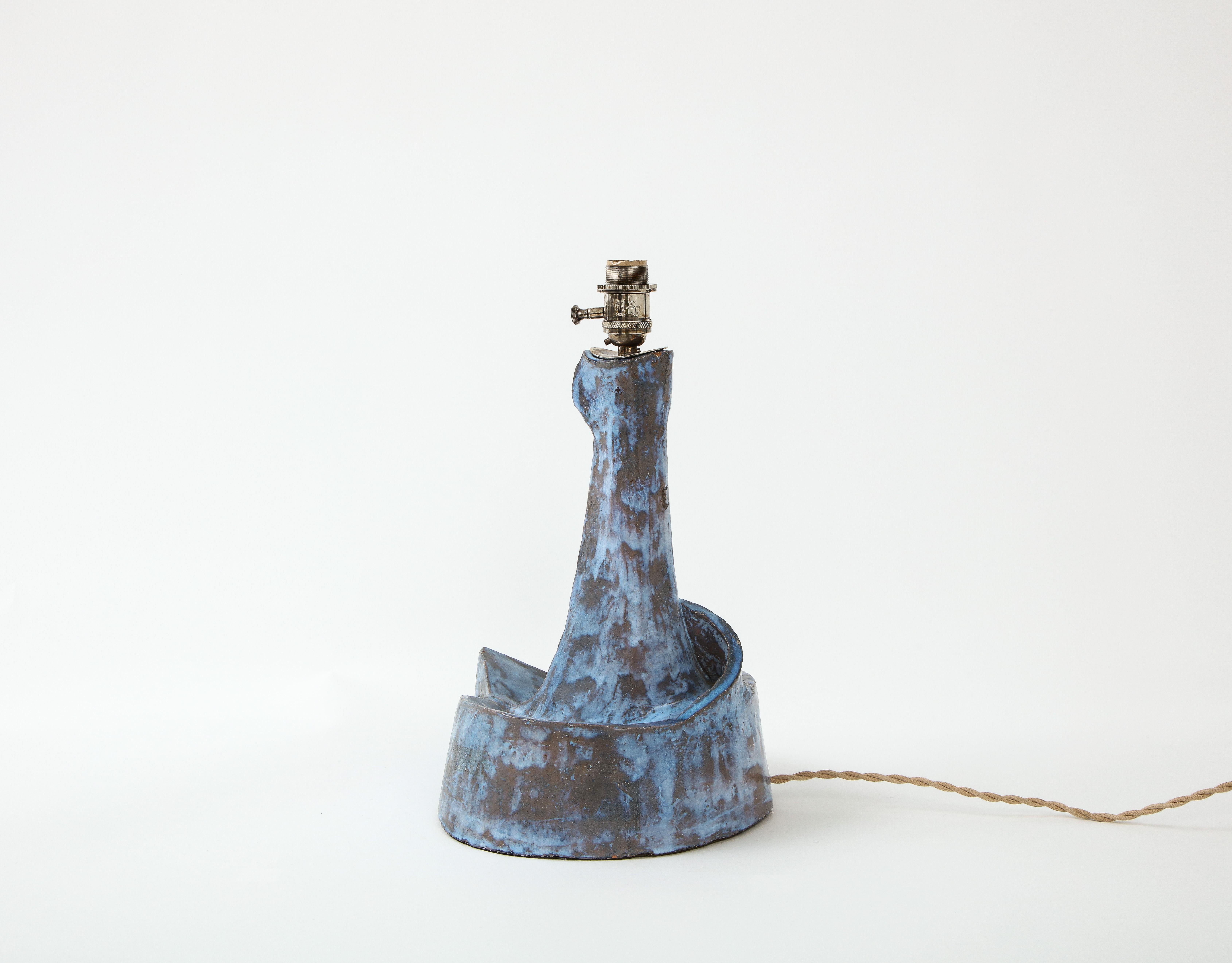 Sculptural Blue Mid-Century French Ceramic Table Lamp, France 1950's For Sale 5