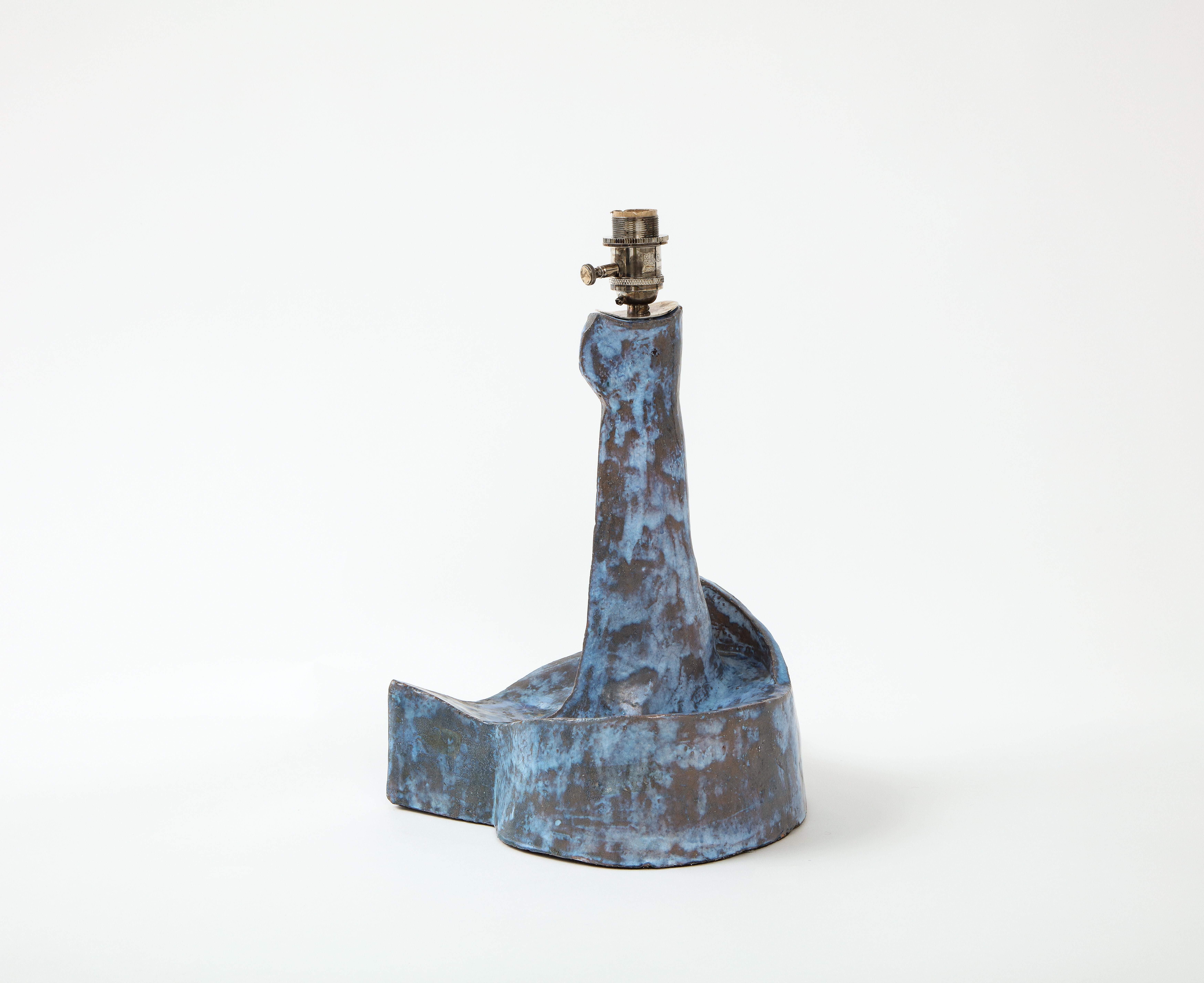 Sculptural Blue Mid-Century French Ceramic Table Lamp, France 1950's For Sale 6