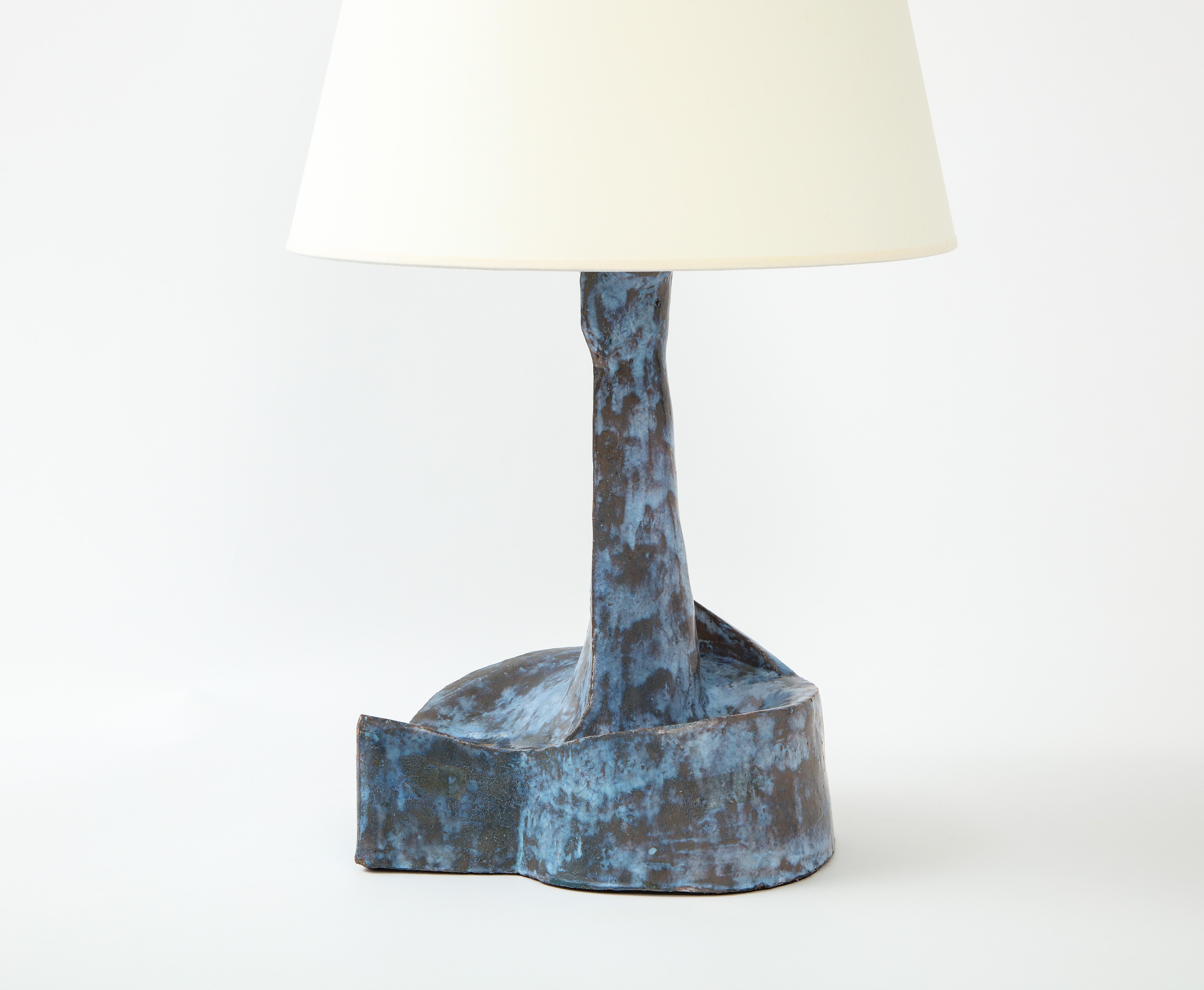20th Century Sculptural Blue Mid-Century French Ceramic Table Lamp, France 1950's For Sale
